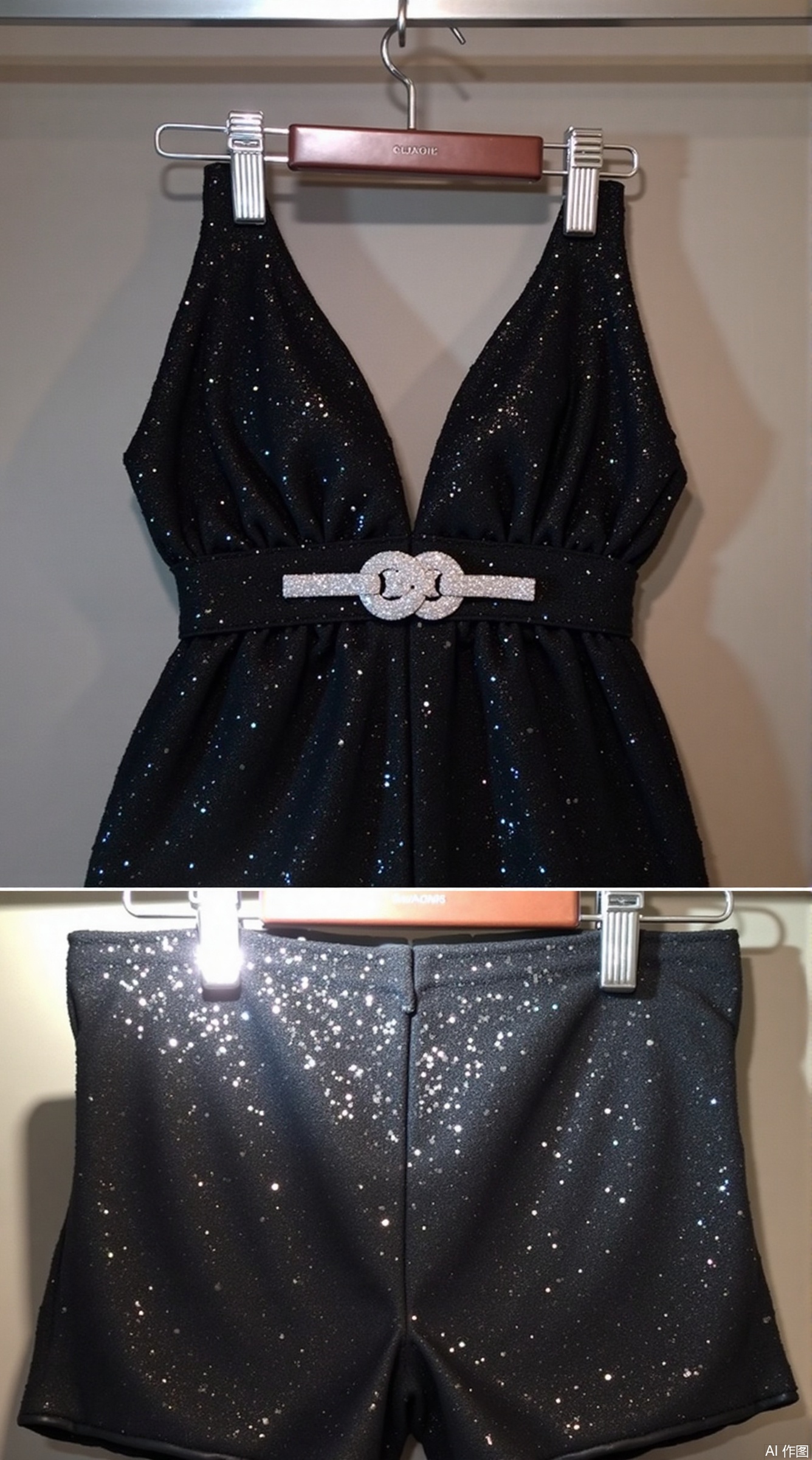 ​Black halter neck top

​Hanging points: Use a curved non-slip flocking hanger (35cm wide) to show the cut of the sweetheart neckline through the natural droop of the halter.
​Details: Adjust the silver buckle to the center of the front to ensure that the metallic luster can be captured by the light; fold the hem slightly inward by 1cm to avoid visual looseness.



​Sequin high-waist shorts

​Suspension solution: Use a clip-type pants rack (clip width 8cm), clamping both sides of the waist to avoid compressing the sequins; the shorts sag naturally sag, showing the high-waist design and leg contour.



2. Combination display skills


Space layout:

The short top and shorts are presented in the form of "sleeves", and the spacing between the clothes hangers is maintained at 10cm (refer to the autumn clothing standard), which enhances the overall feeling through black uniformity.
Leave 15cm of space below to prevent the clothing from touching the ground.



​Lighting Design​:

3000K warm light spotlight projected from the top 45° angle, focusing on illuminating the sequin reflective effect and top buckle; paired with white reflectors to reduce the darkness caused by the black fabric's light absorption
