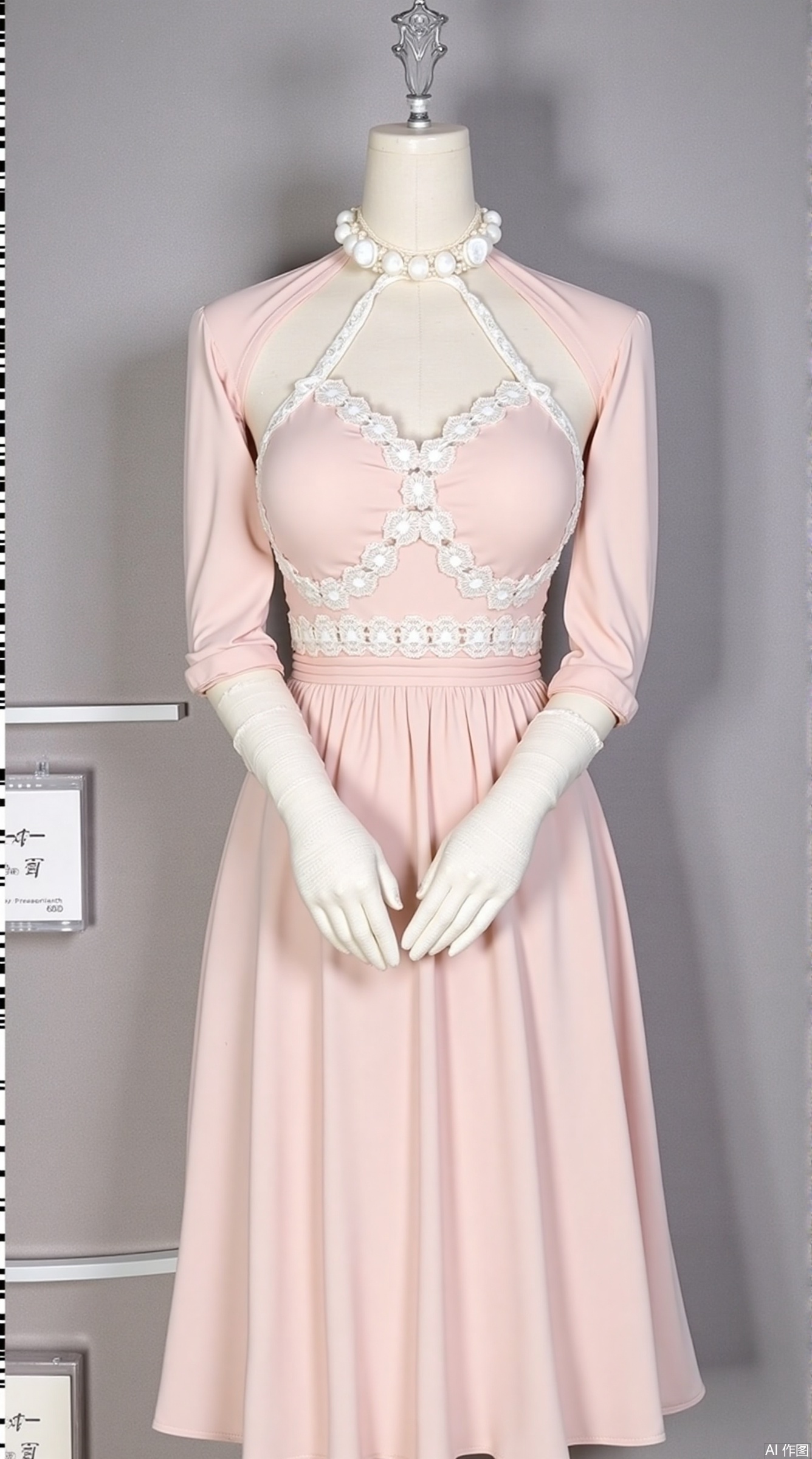 ​Polity Design​:

Light pink halter neck dress with draped chiffon fabric, cross-lace-up front adornment with pearl buckle at the end.
The neckline and cuffs are spliced ​​with white lace ruffles, the skirt is an A-shaped silhouette, and the inner lined silk petticoat enhances the flowing feeling.



​Accessories Restore:

The white headbands in the same series are displayed separately in the booth accessories area. The three-dimensional satin bow (bow) is sewn in the center of the headband, with a width of 5cm, echoing the lace elements of the skirt.



​Hanging display plan:


​Clothes hanger selection:

Use a curved anti-slip flocking hanger (width 38cm), and the hook direction is uniformly facing the left to avoid deformation of the shoulder line.
The neck halter is supported with a transparent silicone shoulder strap holder to prevent it from slipping.



Details:

The cross-lace part is naturally hanged on the front side of the hanger to show the woven texture; the back waist label folds inward to hide.
The hem of the skirt is fixed to both sides of the display frame by invisible magnetic buckles, presenting a naturally draped A-shaped curve.



​Space Planning​:

The spacing between adjacent clothes hangers is maintained at 8cm (refer to the standard display density), and the background wall is made of light gray velvet cloth to highlight the pink and white color.
The booth below is flat with the same fabric sample cloth (30×30cm), marked with ingredients: 85% polyester + 15% mulberry silk.



Lighting suggestions:

It uses 3000K warm light spotlights (illuminance 800lux) to project from the top 45° angle, focusing on brightening the lace texture and lace details.
Avoid direct pink fabrics, and can soften the light with a white reflector to prevent color deviation.