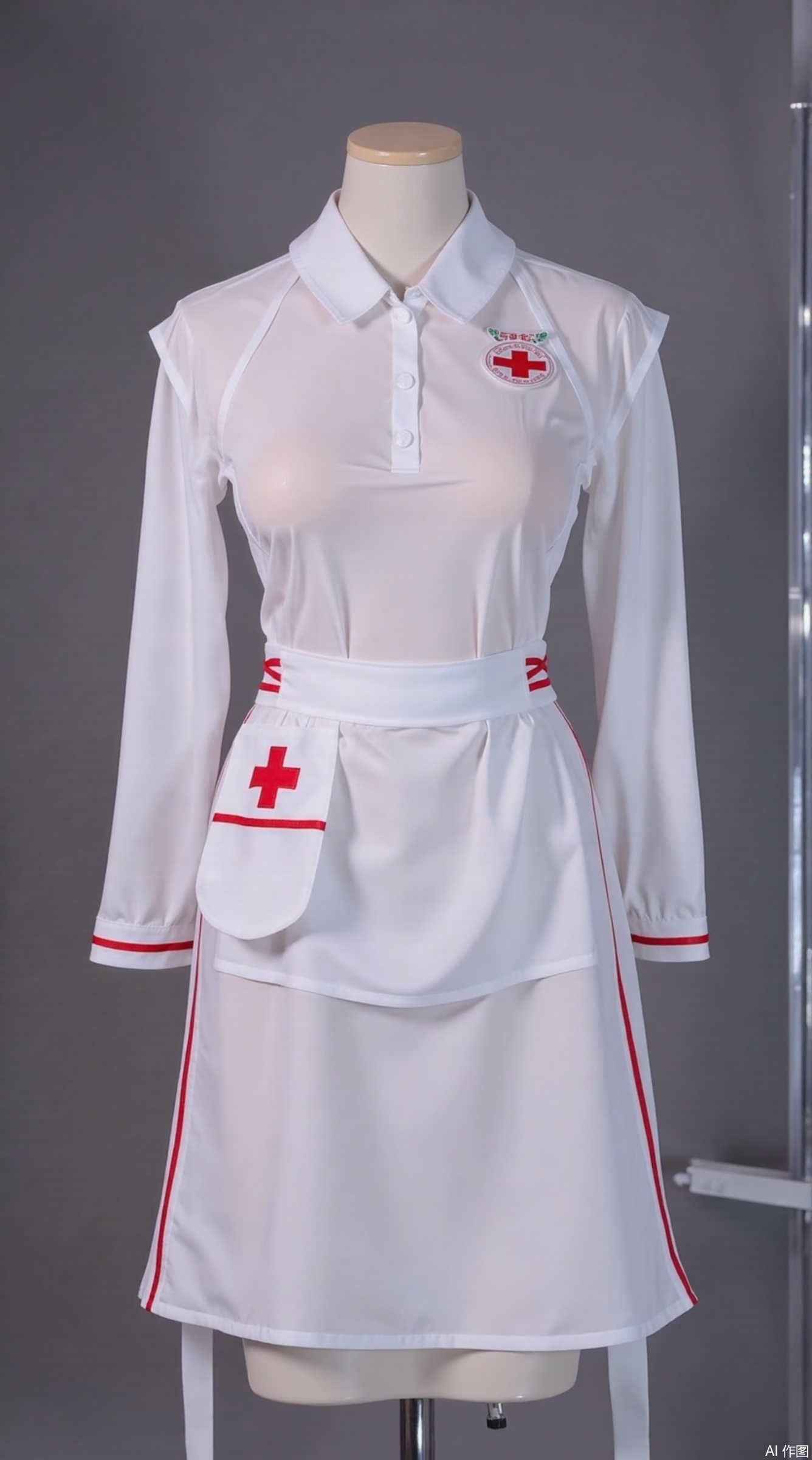 RAW format high-definition photos, 4K three-view display stand: 45 degrees on the left / 45 degrees on the right, pure white acrylic display stand, nurse's uniform includes (white background, red edge dress + lotus leaf collar + red cross badge + lace-up apron), the surface of the clothing has medical grade reflective material, no figure model, industrial design style"