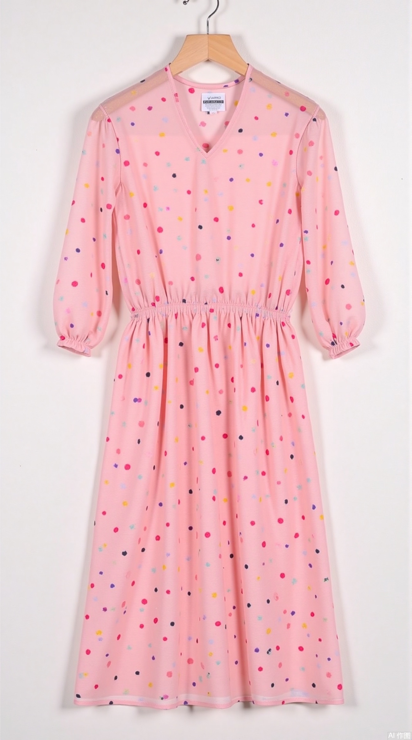 1. Core description of clothing
• Main body: cherry blossom pink chiffon dress, full-print colorful polka dot pattern (dial diameter 3cm randomly distributed), adopts A-shaped contour and knee-length design
• detail:
◦ Collar type: V-neck edge-covered, matched with invisible zippers in the same color
◦ Sleeve type: 3cm puff sleeves on the elbow, elastic and tightened cuffs
◦ Waistline: high waist cut (waistline is increased by 8cm), hidden adjustment loop on the back waist
2. Display implementation plan
• ​Clothes hanger selection: arc-shaped flocking clothes hanger (width 36cm), hook direction is uniformly facing the left, silicone anti-slip pad is added to the shoulder line of the hanger