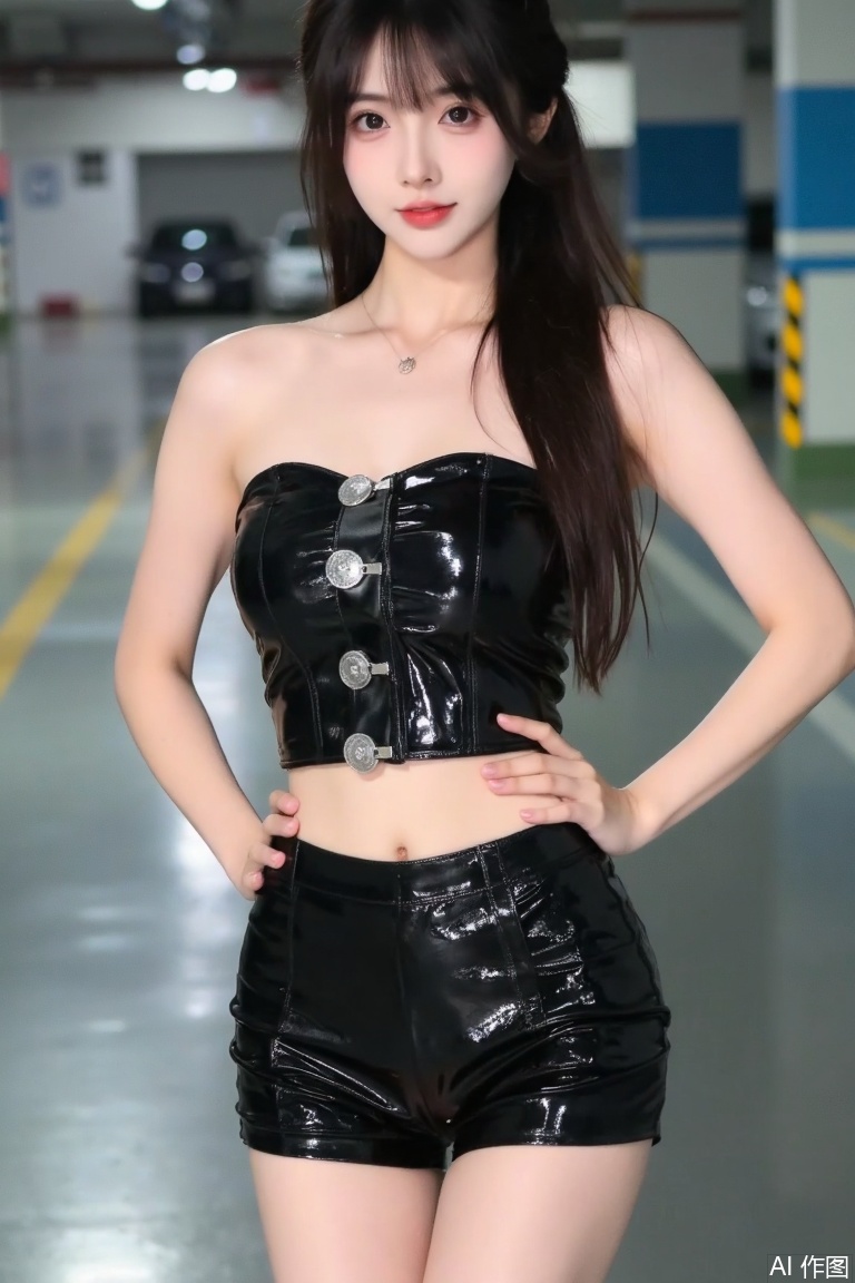 The image is a full-length portrait of a young woman posing in a parking garage. She is standing with her body slightly turned to the side, with her hands on her hips and her head tilted slightly to the left. She has long dark hair styled in loose waves and is wearing a black crop top with a silver buckle on the front. The top is strapless and has a sweetheart neckline. The woman is also wearing a pair of black sequin shorts with a high-waisted fit. She appears to be confident and fashionable. The background shows a parking lot with cars parked in the distance.