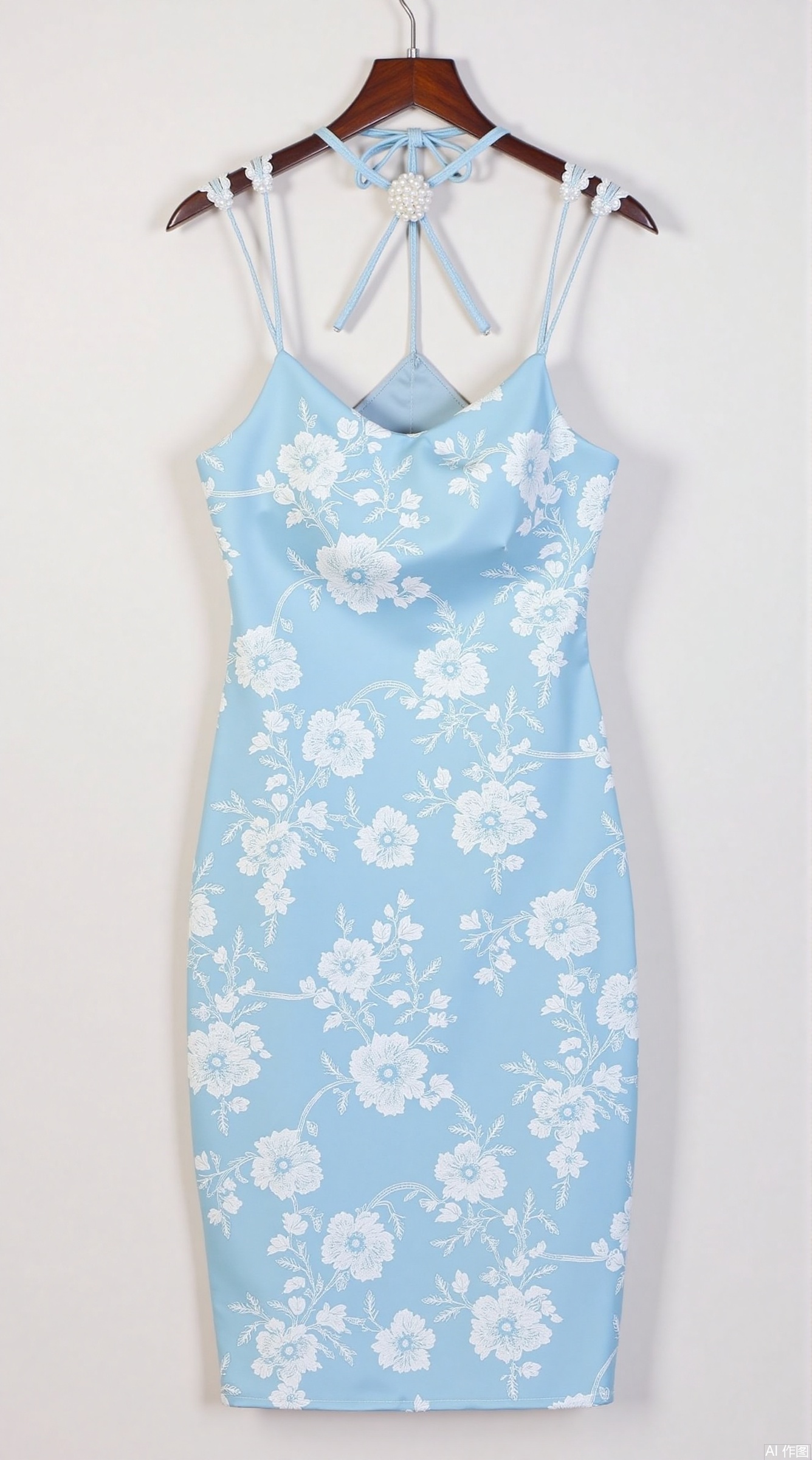 Main body: sky blue silk satin neck halter dress, full of fine brushwork floral patterns (main flower diameter 8-10cm)
Key details:

Collar type: halter-style cross-lace design, with pearl buckle at the end of the lace
Waist line: high waist cut (waist line is increased by 10cm), built-in invisible adjustment loop
Hem: micro A-shaped silhouette, skirt length and ankle (side slit height 25cm)



2. Display implementation plan

​Clothes hanger selection: 38cm curved mahogany hanger (anti-imitation bronze hook), surface wrapped with mulberry silk anti-slip layer