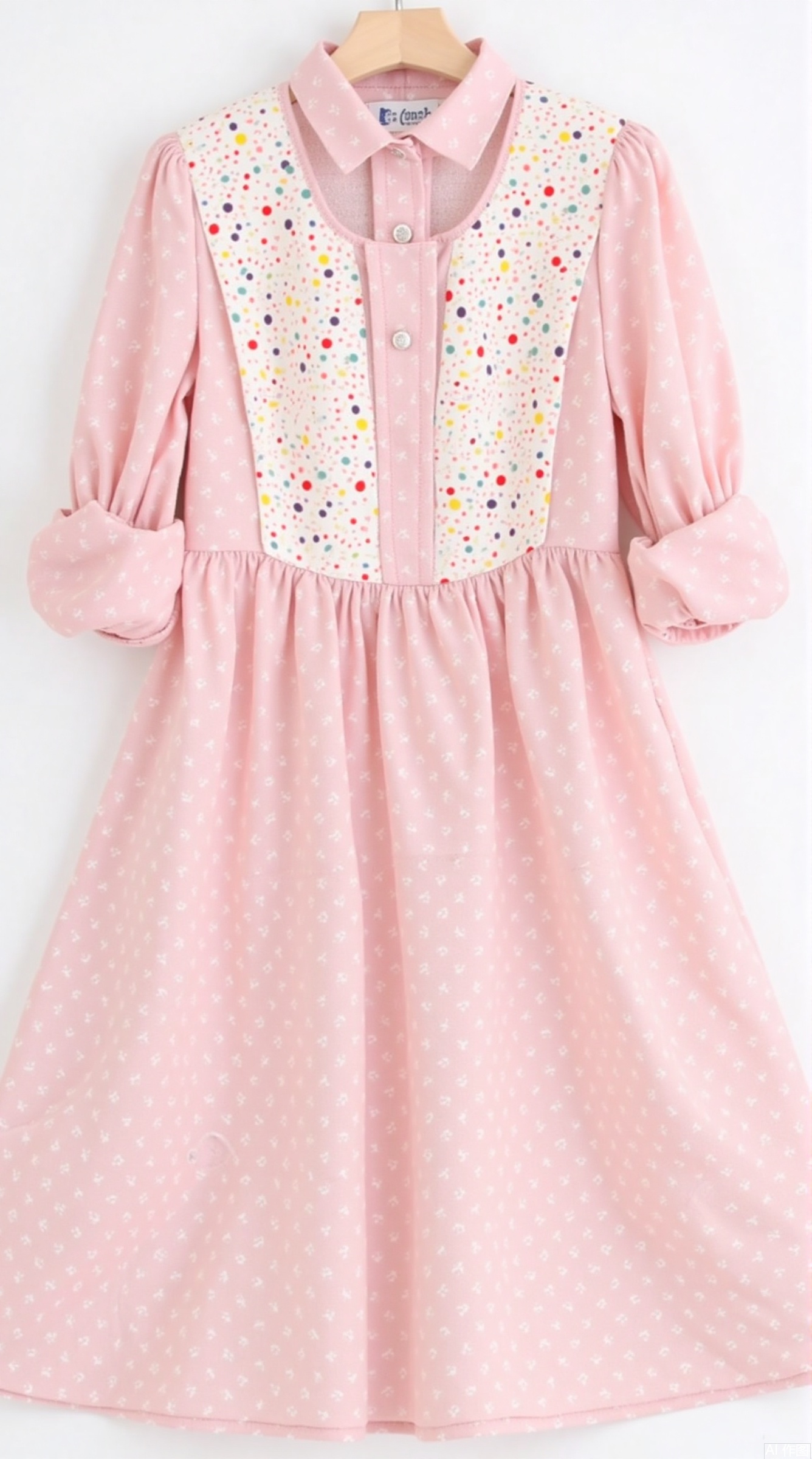 1. Core description of clothing
• Main body: cherry blossom pink chiffon dress, full-print colorful polka dot pattern (dial diameter 3cm randomly distributed), adopts A-shaped contour and knee-length design
• detail:
◦ Collar type: V-neck edge-covered, matched with invisible zippers in the same color
◦ Sleeve type: 3cm puff sleeves on the elbow, elastic and tightened cuffs
◦ Waistline: high waist cut (waistline is increased by 8cm), hidden adjustment loop on the back waist
2. Display implementation plan
• ​Clothes hanger selection: arc-shaped flocking clothes hanger (width 36cm), hook direction is uniformly facing the left, silicone anti-slip pad is added to the shoulder line of the hanger