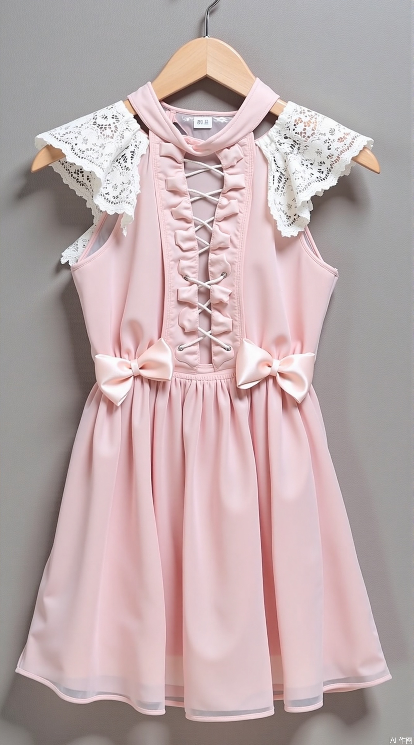 ​Polity Design​:

Light pink halter neck dress with draped chiffon fabric, cross-lace-up front adornment with pearl buckle at the end.
The neckline and cuffs are spliced ​​with white lace ruffles, the skirt is an A-shaped silhouette, and the inner lined silk petticoat enhances the flowing feeling.



​Accessories Restore:

The white headbands in the same series are displayed separately in the booth accessories area. The three-dimensional satin bow (bow) is sewn in the center of the headband, with a width of 5cm, echoing the lace elements of the skirt.



​Hanging display plan:


​Clothes hanger selection:

Use a curved anti-slip flocking hanger (width 38cm), and the hook direction is uniformly facing the left to avoid deformation of the shoulder line.
The neck halter is supported with a transparent silicone shoulder strap holder to prevent it from slipping.



Details:

The cross-lace part is naturally hanged on the front side of the hanger to show the woven texture; the back waist label folds inward to hide.
The hem of the skirt is fixed to both sides of the display frame by invisible magnetic buckles, presenting a naturally draped A-shaped curve.



​Space Planning​:

The spacing between adjacent clothes hangers is maintained at 8cm (refer to the standard display density), and the background wall is made of light gray velvet cloth to highlight the pink and white color.
The booth below is flat with the same fabric sample cloth (30×30cm), marked with ingredients: 85% polyester + 15% mulberry silk.



Lighting suggestions:

It uses 3000K warm light spotlights (illuminance 800lux) to project from the top 45° angle, focusing on brightening the lace texture and lace details.
Avoid direct pink fabrics, and can soften the light with a white reflector to prevent color deviation.