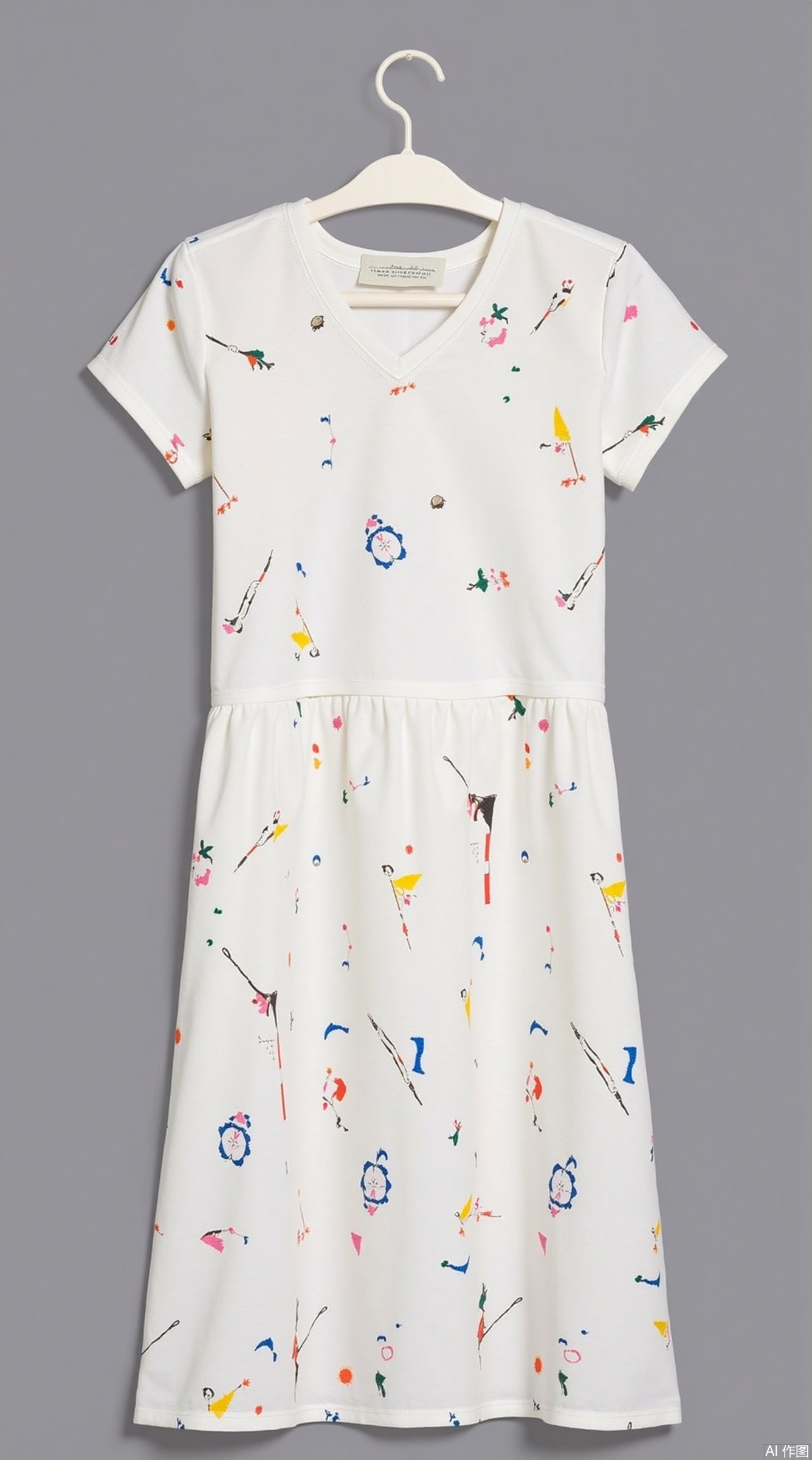 Subject: Pure white cotton dress with abstract color patterns full of prints (recommended to describe as geometric blocks or artistic brushstroke prints)
Key details:

Collar type: It is recommended to supplement the collar type description (if there is no clear information, the V-neck edge-covered design is adopted by default)
Sleeve type: Inferred as a composite short sleeve based on the stretching action (3cm in the cuff)
Hem: A-shaped silhouette, the skirt length is inferred to be 10cm above the knee (suitable for young customers in summer)



2. Display implementation plan

​Clothes hanger selection: arc-shaped non-slip clothes hanger (width 35cm), hook direction is uniformly facing left