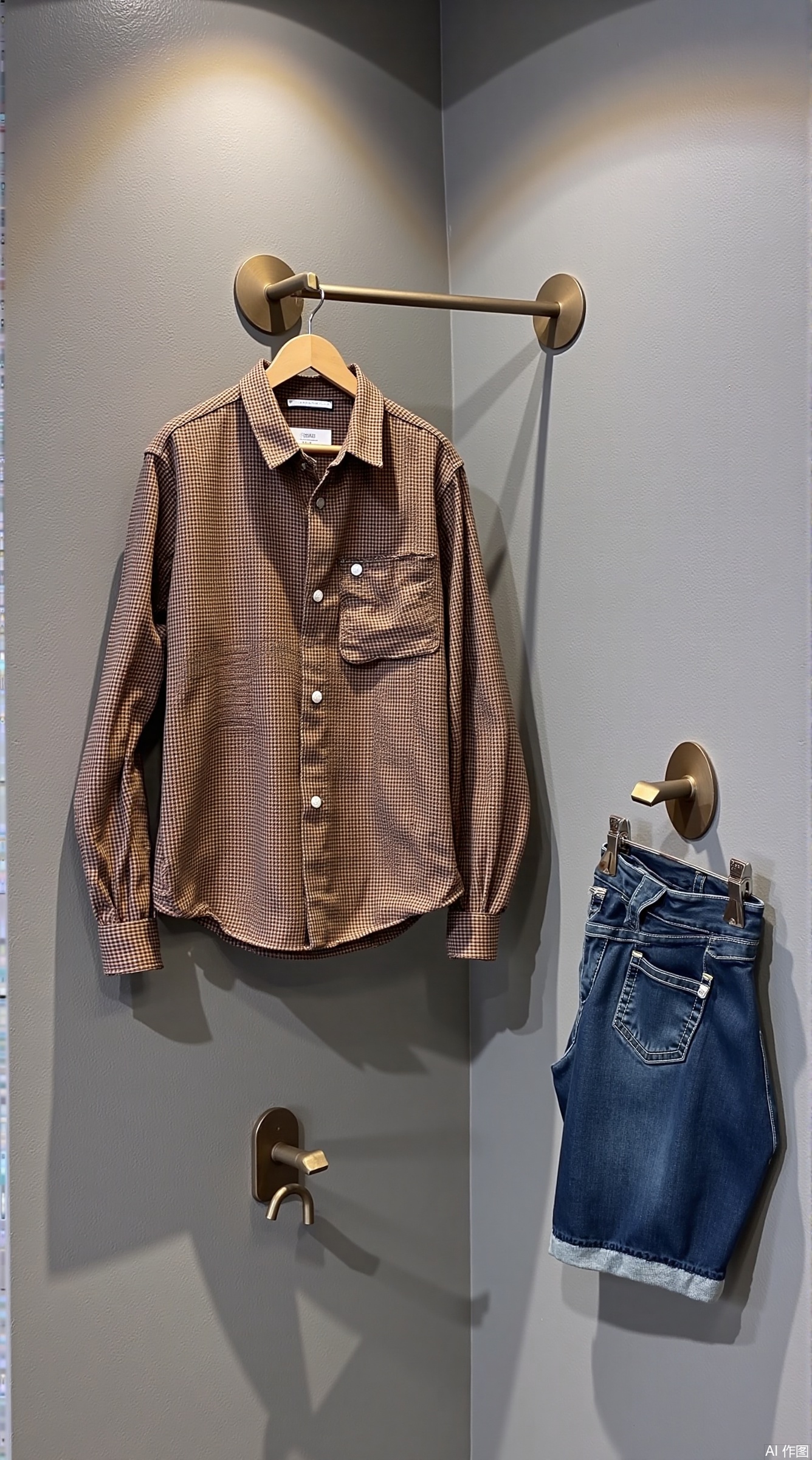 Clothing description section:
1. Checked shirt: Scottish checked cotton shirt with brown and black intertwined, adopts a classic lapel design, buttoned placket with left chest patch pocket, and single-button closure structure at the cuffs.
2. ​Denim Shorts: Mid-waisted blue denim shorts, the hem is treated with old breasts, the side seams retain the original edge details, and the back waist buckle can be adjusted and tight.
Booth display plan:
1. Mounting method:
• The shirt adopts a positive display (the hanger supports the shoulder line), highlighting the symmetry of the plaid and the collar cut.
• The shorts are hung on the adjacent display stand (the waist facing outward), showing the rear bag line technology and overall layout 4
.
2. Color matching:
• The background uses a cool-toned light gray display board, which forms a neutral contrast with the brown and black plaid to avoid blue walls from interfering with the denim item 5
.
3. Props embellishment:
• Mini metal hooks are placed in the corner of the booth, and canvas belts in the same color (echoing the brown tone of the shirt)
2
.
• Lower floor booth flat vintage bronze button set, reinforced workwear style theme 4
.
Lighting and details:
• Use 45° oblique spotlight to highlight the plaid texture of the shirt and denim fabric texture4
.
• The shirt hem is naturally draped, and the spacing between it and shorts is 15cm, ensuring visual layering 5
.