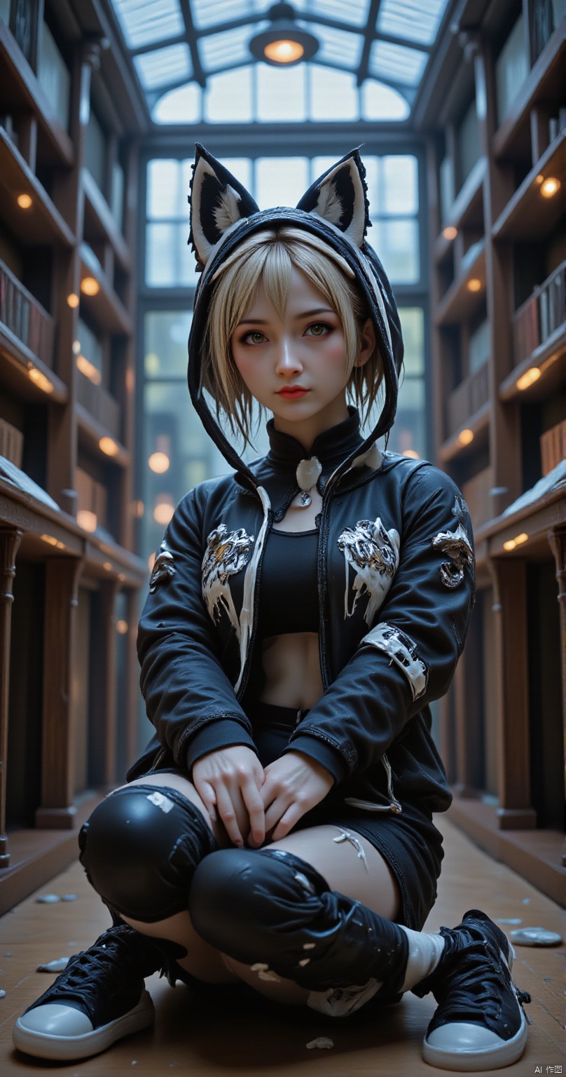 vibrant, highly detailed, award-winning, professional. 1girl, goth girl, solo,pale skin,long hair,detailed hands, fox jacket, hoodie with fox ears, hood up, clothes writing, text on clothes: "Smooth Mix", short hair, sitting, looking at viewer, long sleeves, yellow eyes, indoors, library, scenery, dutch angle,fisheye,from below, sneakers, , ultra realistic, masterpiece, high detailed skin,elf,,CREAM WHITE SLIME,