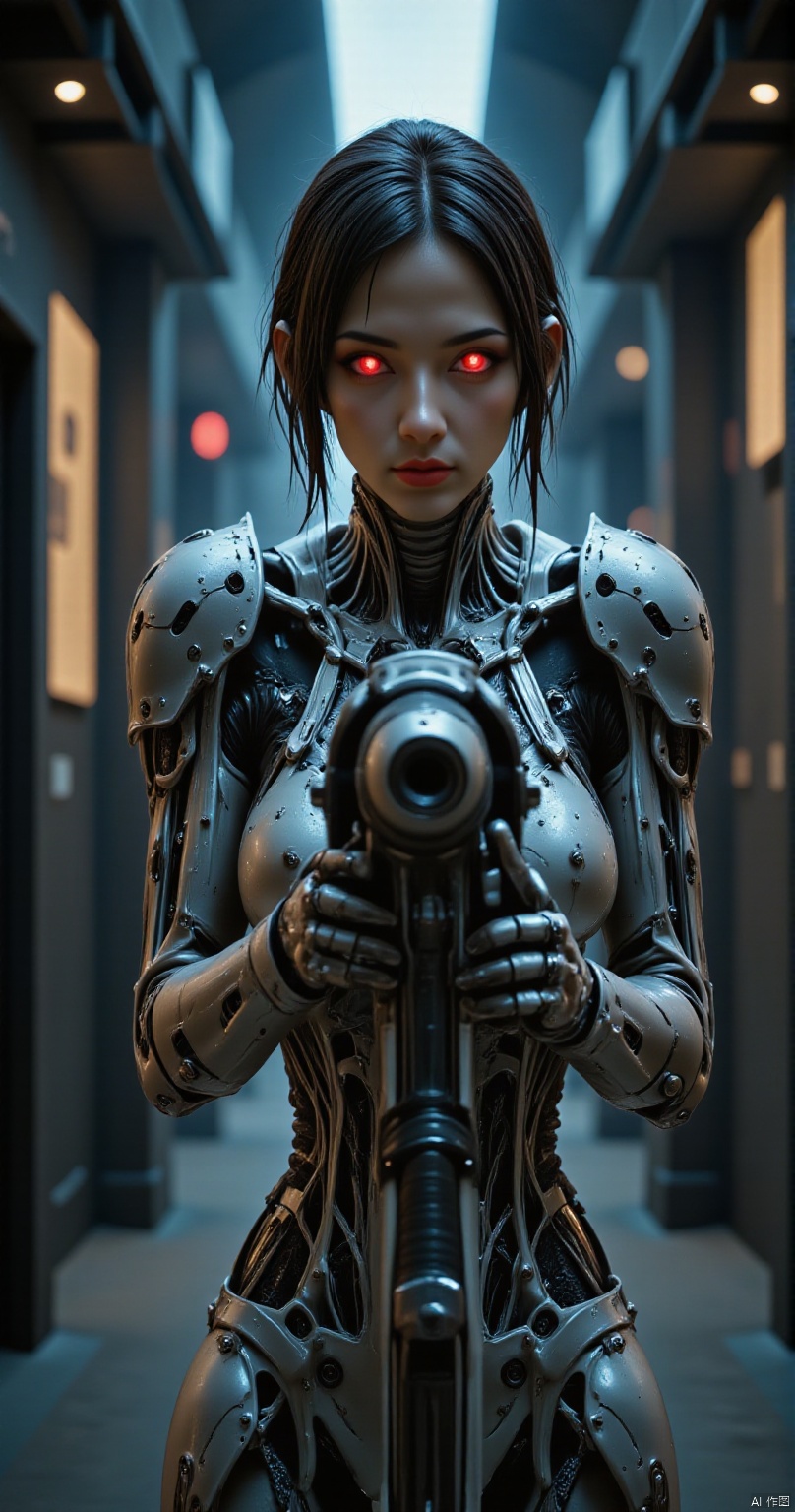 A digital artwork in the style of cknc,  in the style of ck-ncr, a_skynet_cyberdyne_craft, the image is featuring a high-end cyborg female battle terminator robot, grey alloy material, looking at viewer, mechanical eyes, with glowing red lights and diodes, aiming blaster gun at viewer, dimly illuminated cyberpunk corridor, neo, bokeh,BESEQUENCE,CREAM WHITE SLIME,