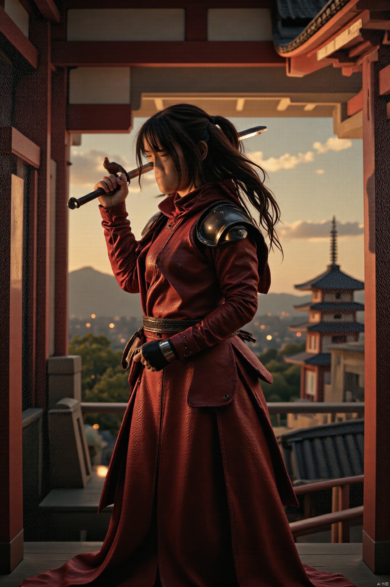 Silhouette Art, magnificent. detailed renaissance oil painting, masterpiece, FredFraiStyle, female japanese knight in red leather armour, chiascuro, weapons, directional lighting, masterpiece, perfect composition, perfect hands, standing next to a pagoda temple, silhouetted with light illuminating one side of face,Japanese.