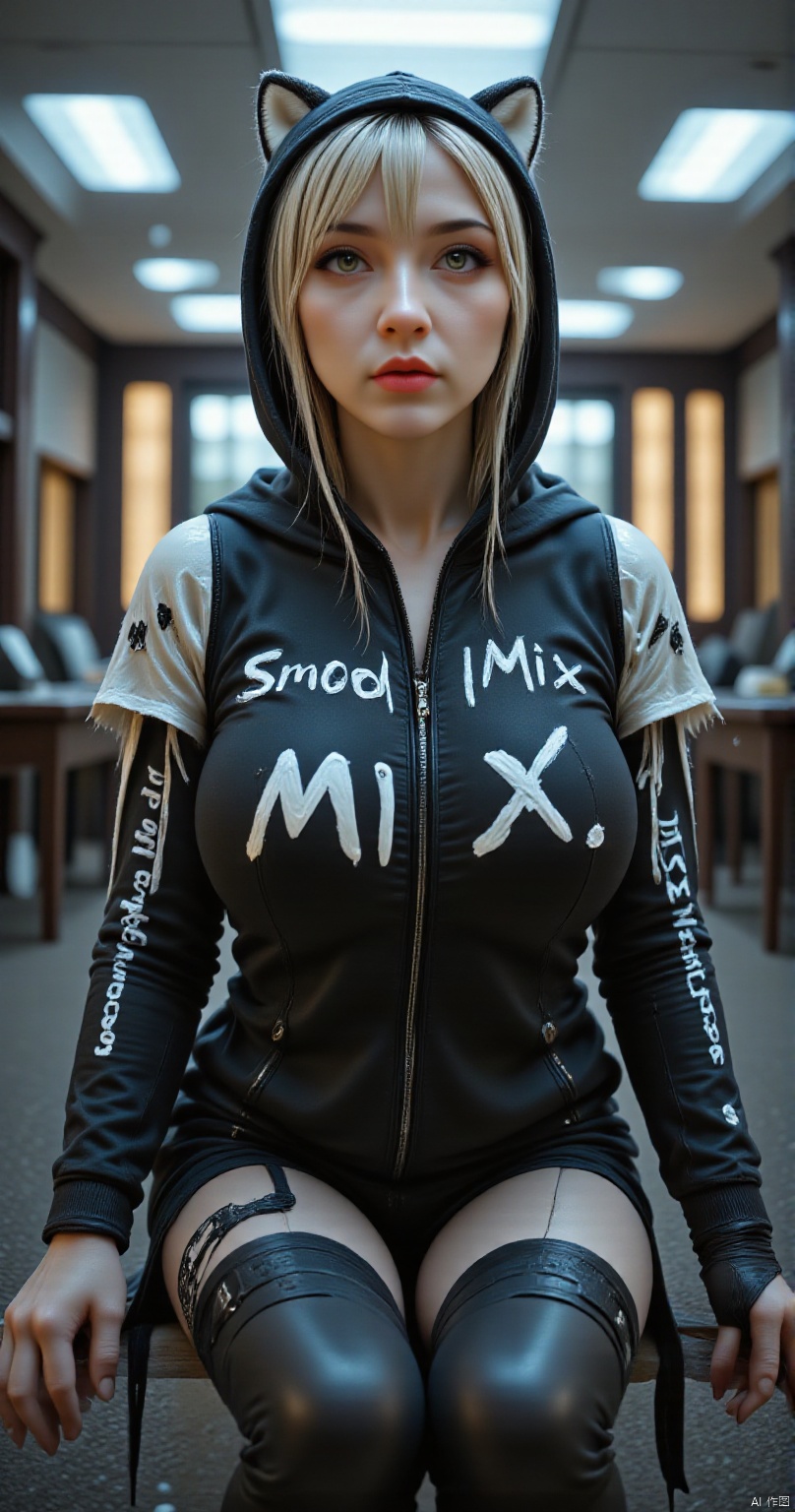 vibrant, highly detailed, award-winning, professional. 1girl, goth girl, solo,pale skin,long hair,detailed hands, fox jacket, hoodie with fox ears, hood up, clothes writing, text on clothes: "Smooth Mix", short hair, sitting, looking at viewer, long sleeves, yellow eyes, indoors, library, scenery, dutch angle,fisheye,from below, sneakers, , ultra realistic, masterpiece, high detailed skin,elf,,CREAM WHITE SLIME,BESEQUENCE