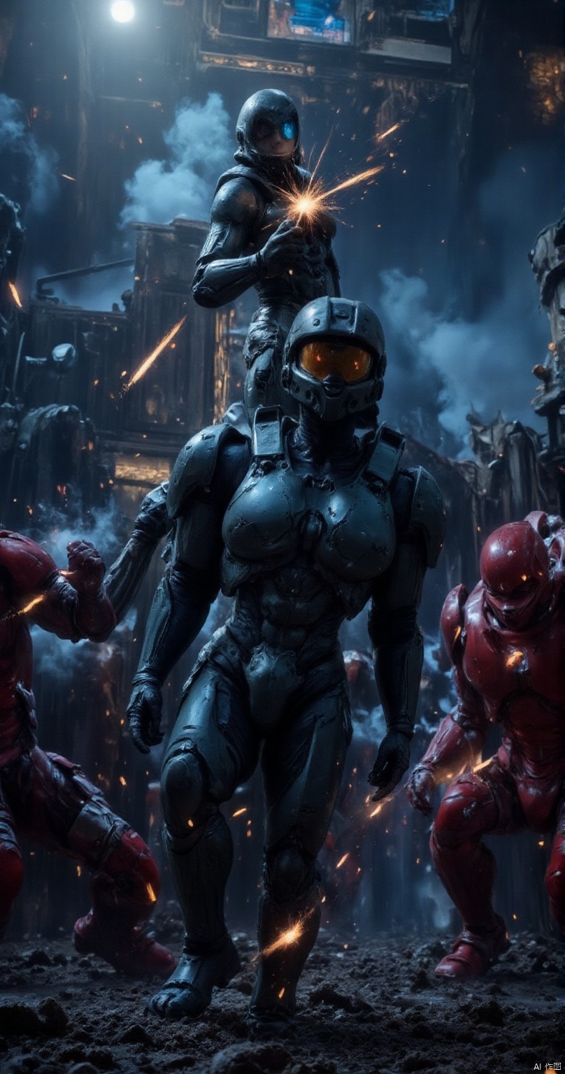 Photograph of an epic battle scene inside a massive spaceship hangar, featuring Master Chief from Halo in dynamic action. The scene is filled with intricate details, showcasing advanced technology, sparks flying, and intense movement. Master Chief is fully armored, engaging in combat with enemies. The environment is highly detailed with futuristic machinery, dramatic lighting, and smoke in the background. The shot is cinematic, with a wide-angle view capturing the chaos of the battle. The image is in high resolution, with sharp focus on the characters and the surrounding environment, highlighting every small detail in the action.,Posefup.,elf,