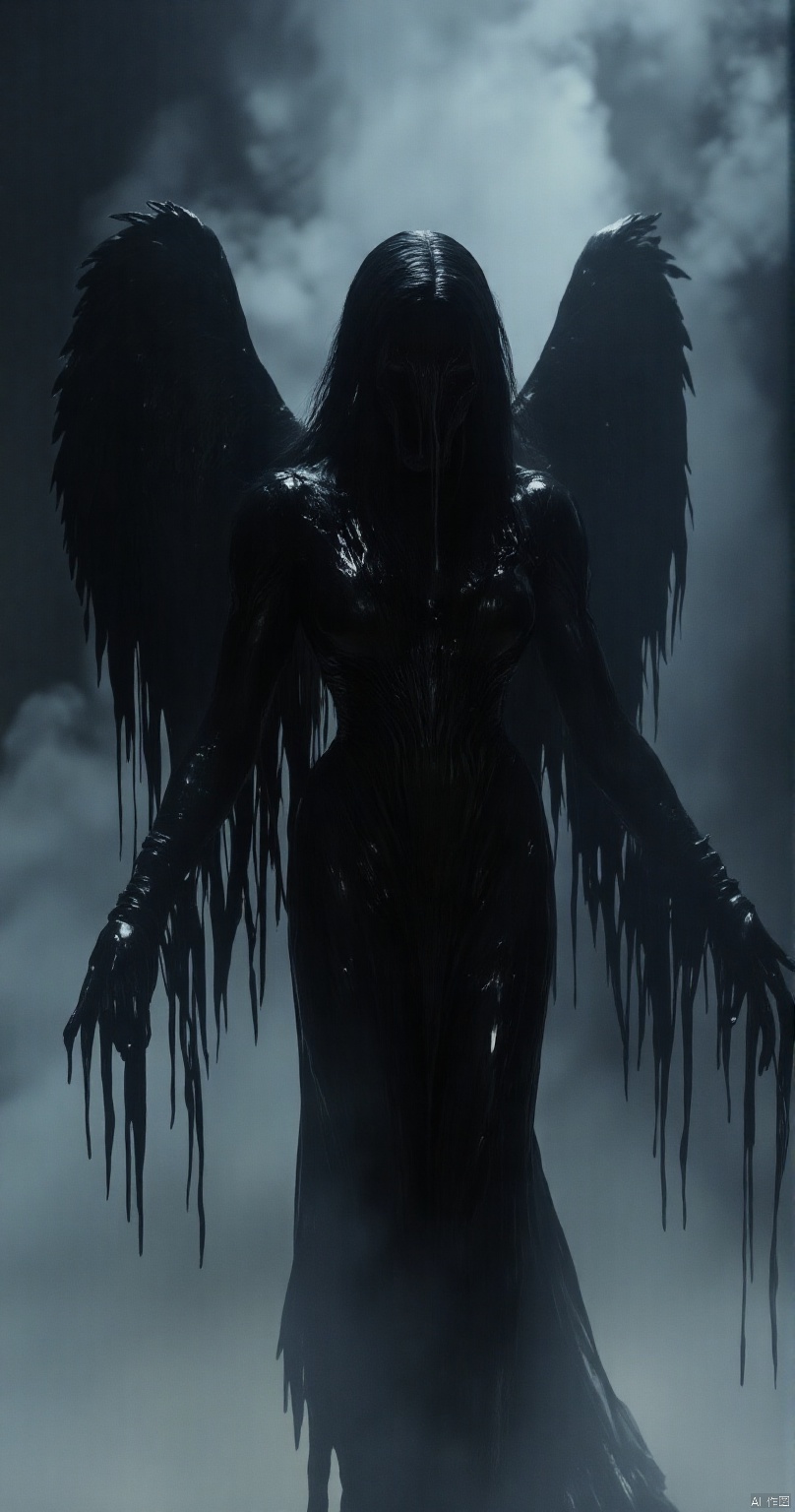 female dark angel. Swort, 
best quality, sharp focus, high contrast, stylized, dark, clear, surreal, ultra quality, 8k, best quality, vivid color, masterpiece, max details, from below, from the front, aidmaDarkfantasy, hkmagic,CREAM WHITE SLIME,