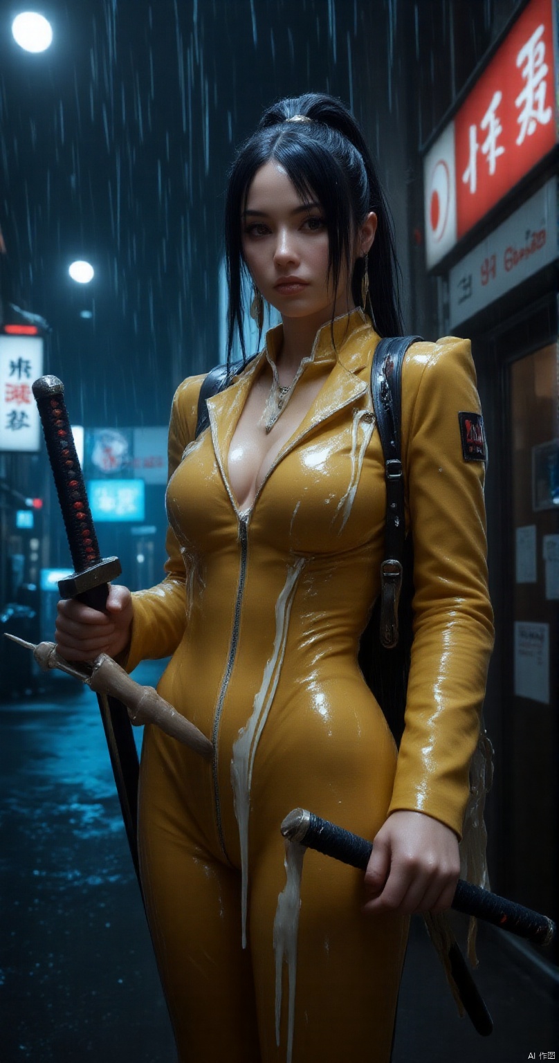 Japanese woman, she is holding a Samurai Katana Sword in defensive position, large cleavage, brown lipstick, long straight, black hair, high pony tail, yellow metallic suit, black stripes trim. Samurai sword, strapped to back.  Synthwave inspired city street, neon Japanese signs, raining. The scene is richly detailed with glowing lights, intricate tech, and dark alleys, capturing the essence of a sythwave world in high resolution.,ASS SHINY SKIN,,CREAM WHITE SLIME,