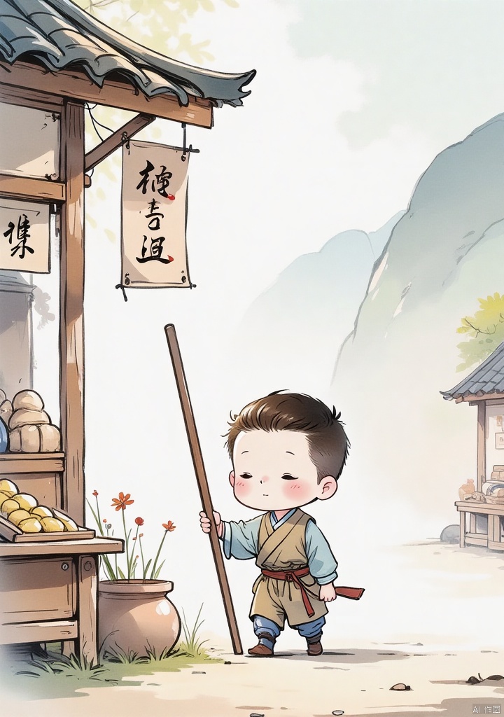 guofengchahua,guofengchahua,masterpiece,high quality,a boy,cute,j_,in the market,carrying a pole,the goods man,