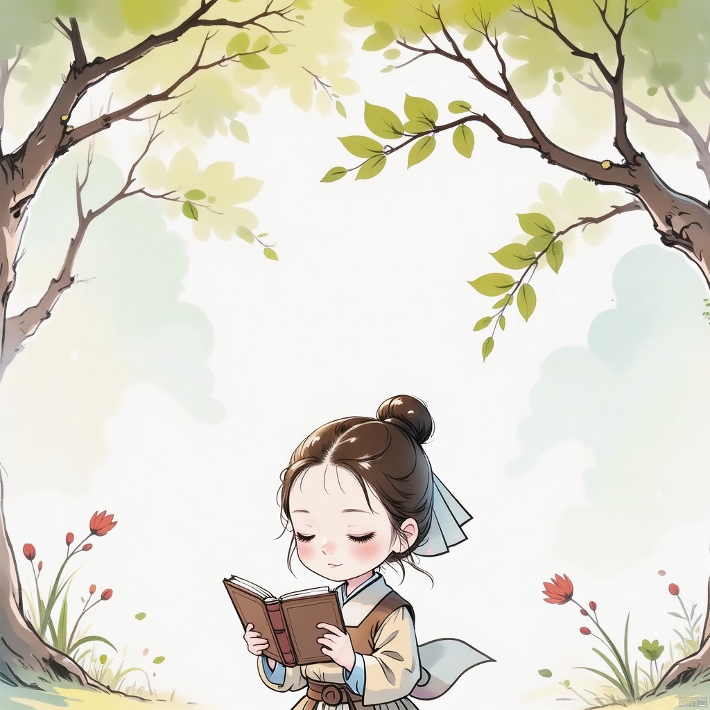 guofengchahua, guofengchahua,masterpiece, high quality, a girl, cute, read book, under the tree, j_guofeng