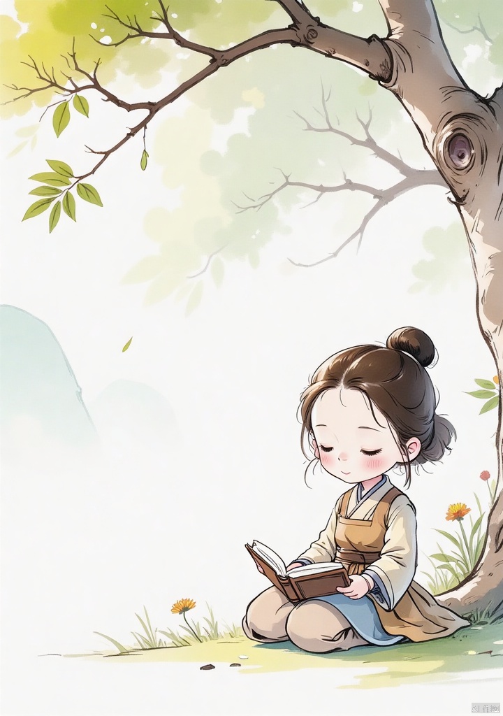 guofengchahua, guofengchahua,masterpiece, high quality, a girl, cute, read book, under the tree, j_guofeng