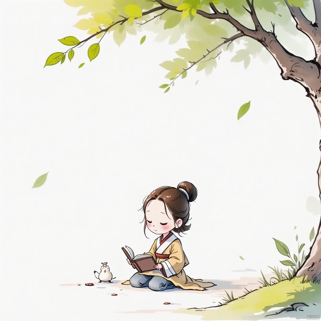 guofengchahua, guofengchahua,masterpiece, high quality, a girl, cute, read book, under the tree, j_guofeng