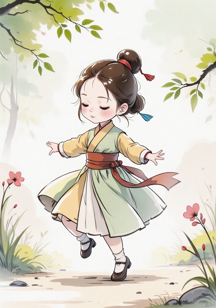 guofengchahua,guofengchahua,masterpiece,high quality,a girl,cute,dance,in the garden,j_guofeng,