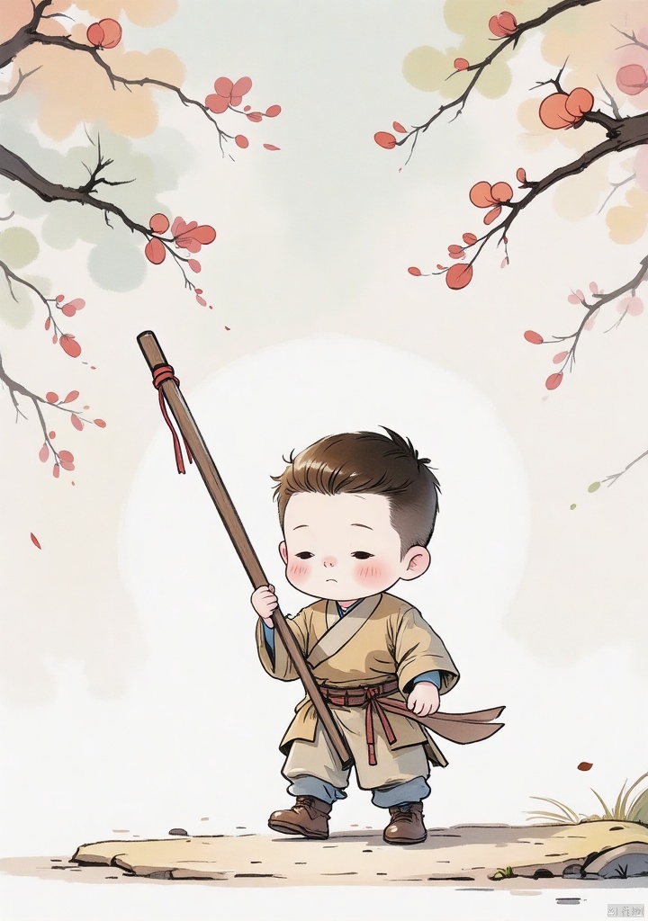 guofengchahua,guofengchahua,masterpiece,high quality,a boy,cute,j_,in the market,carrying a pole,the goods man,