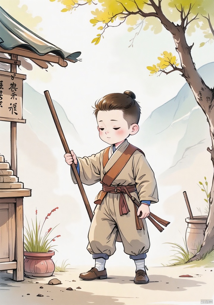 guofengchahua,guofengchahua,masterpiece,high quality,a boy,cute,j_,in the market,carrying a pole,the goods man,