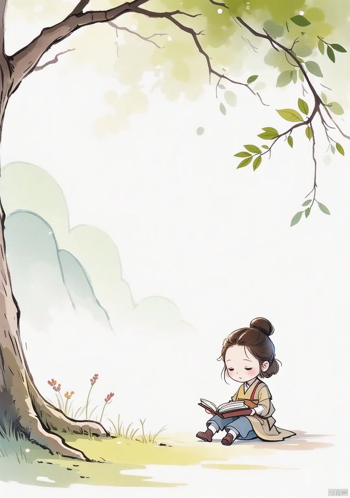 guofengchahua, guofengchahua,masterpiece, high quality, a girl, cute, read book, under the tree, j_guofeng