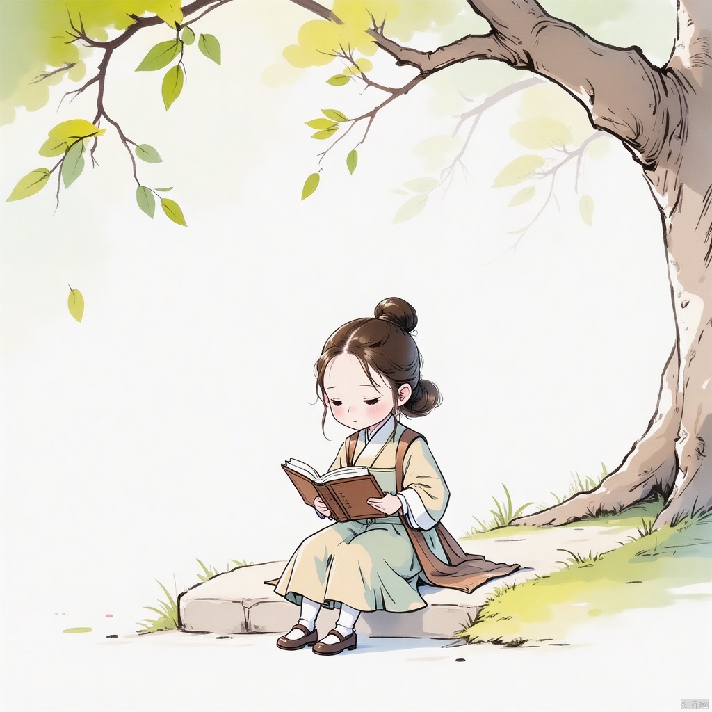 guofengchahua, guofengchahua,masterpiece, high quality, a girl, cute, read book, under the tree, j_guofeng