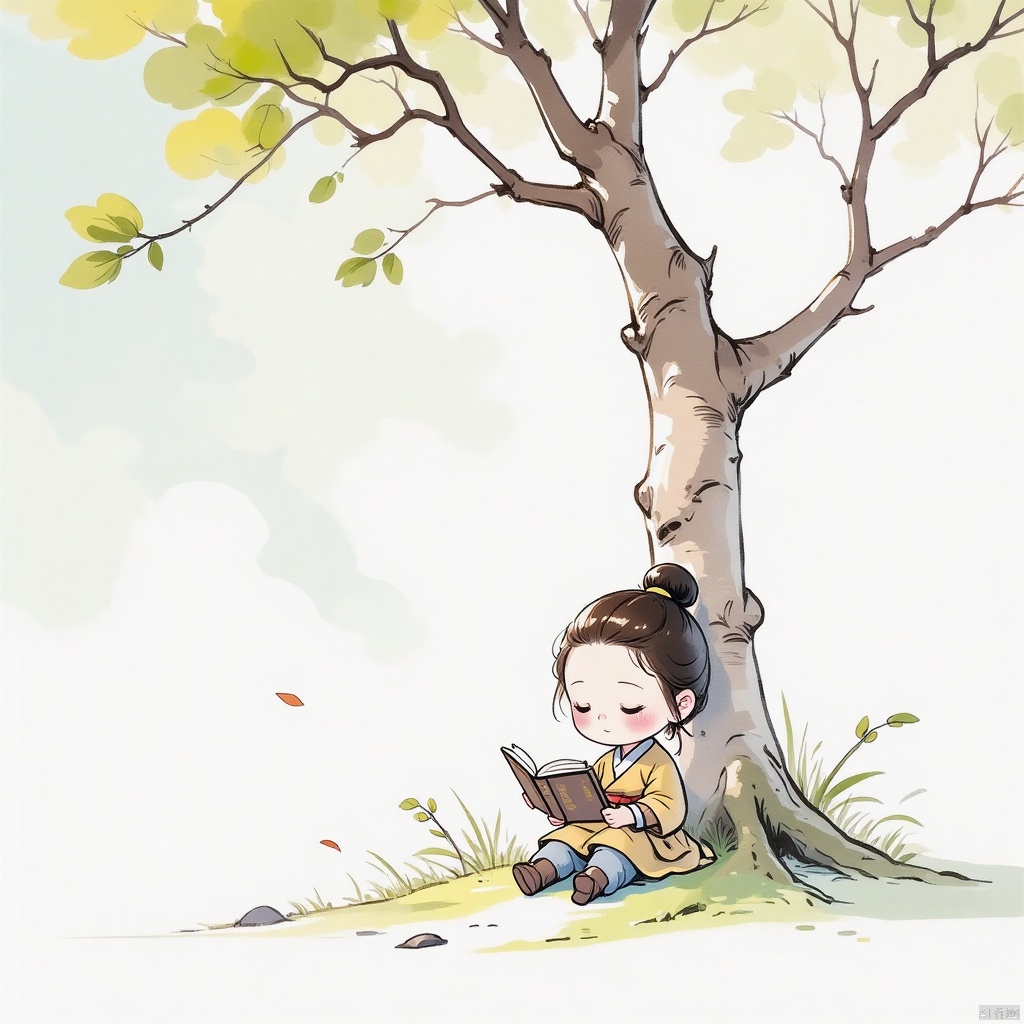 guofengchahua, guofengchahua,masterpiece, high quality, a girl, cute, read book, under the tree, j_guofeng