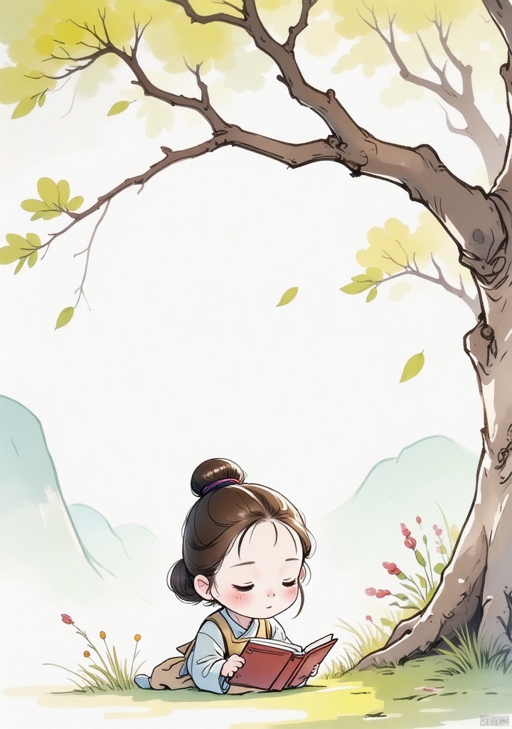 guofengchahua, guofengchahua,masterpiece, high quality, a girl, cute, read book, under the tree, j_guofeng