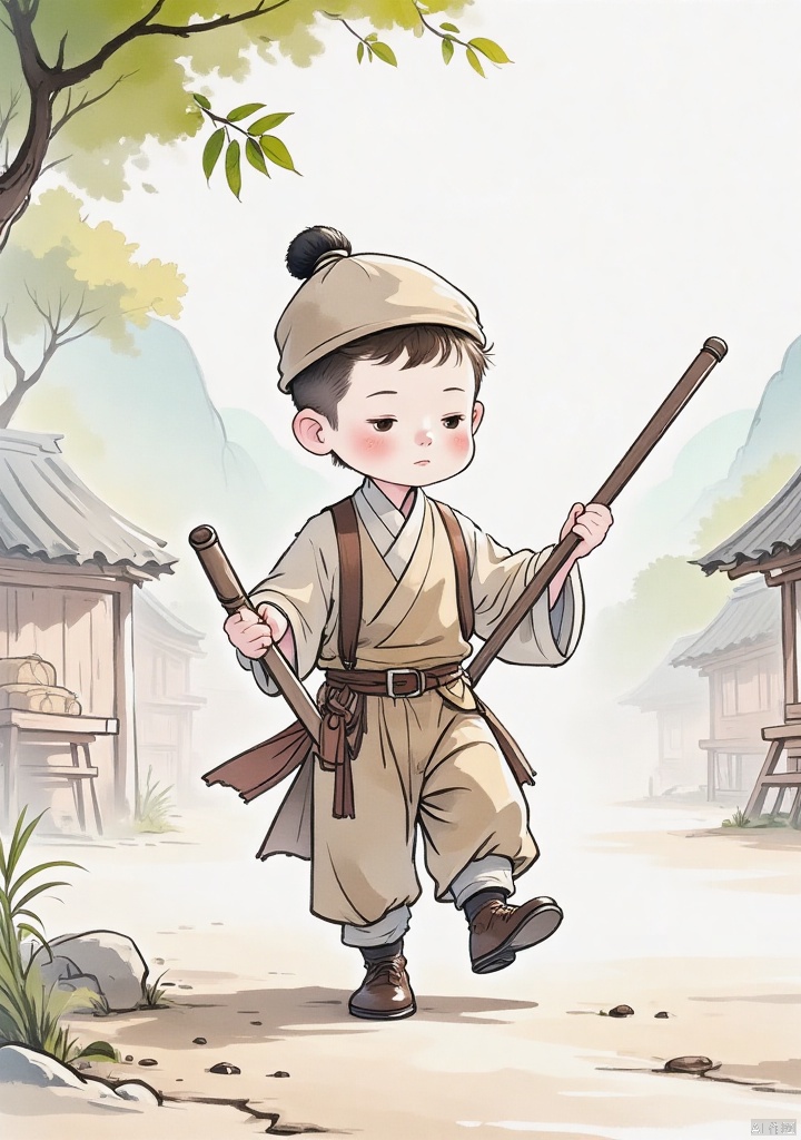 guofengchahua,guofengchahua,masterpiece,high quality,a boy,cute,j_,in the market,carrying a pole,the goods man,