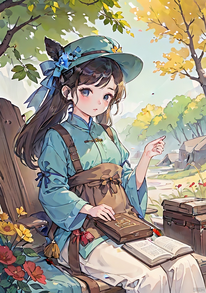 guofengchahua,guofengchahua,guofengchahua,masterpiece,high quality,a girl,cute,read book,under the tree,j_guofeng,