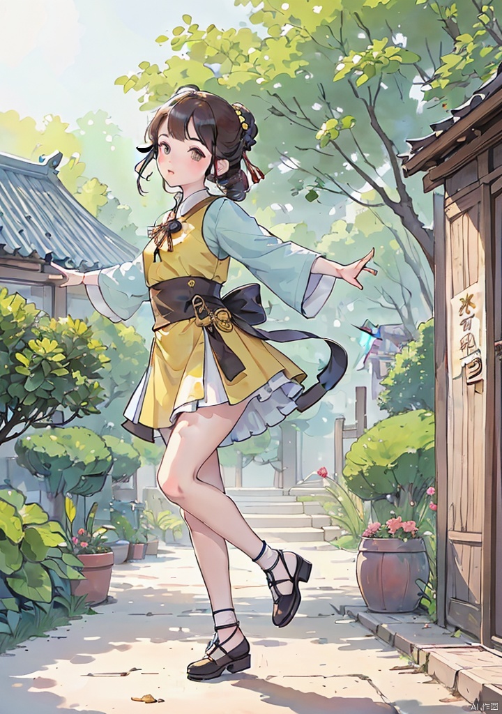 guofengchahua,guofengchahua,masterpiece,high quality,a girl,cute,dance,in the garden,j_guofeng,