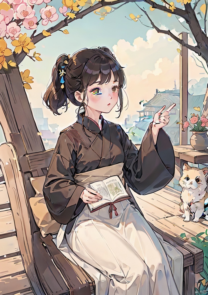 guofengchahua,guofengchahua,guofengchahua,masterpiece,high quality,a girl,cute,read book,under the tree,j_guofeng,