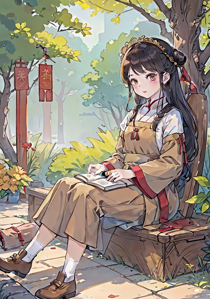 guofengchahua,guofengchahua,guofengchahua,masterpiece,high quality,a girl,cute,read book,under the tree,j_guofeng,