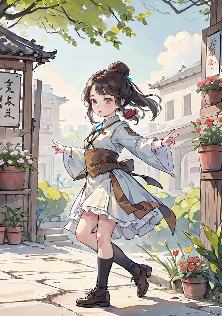 guofengchahua,guofengchahua,masterpiece,high quality,a girl,cute,dance,in the garden,j_guofeng,
