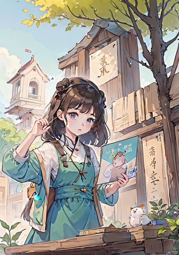 guofengchahua,guofengchahua,guofengchahua,masterpiece,high quality,a girl,cute,read book,under the tree,j_guofeng,