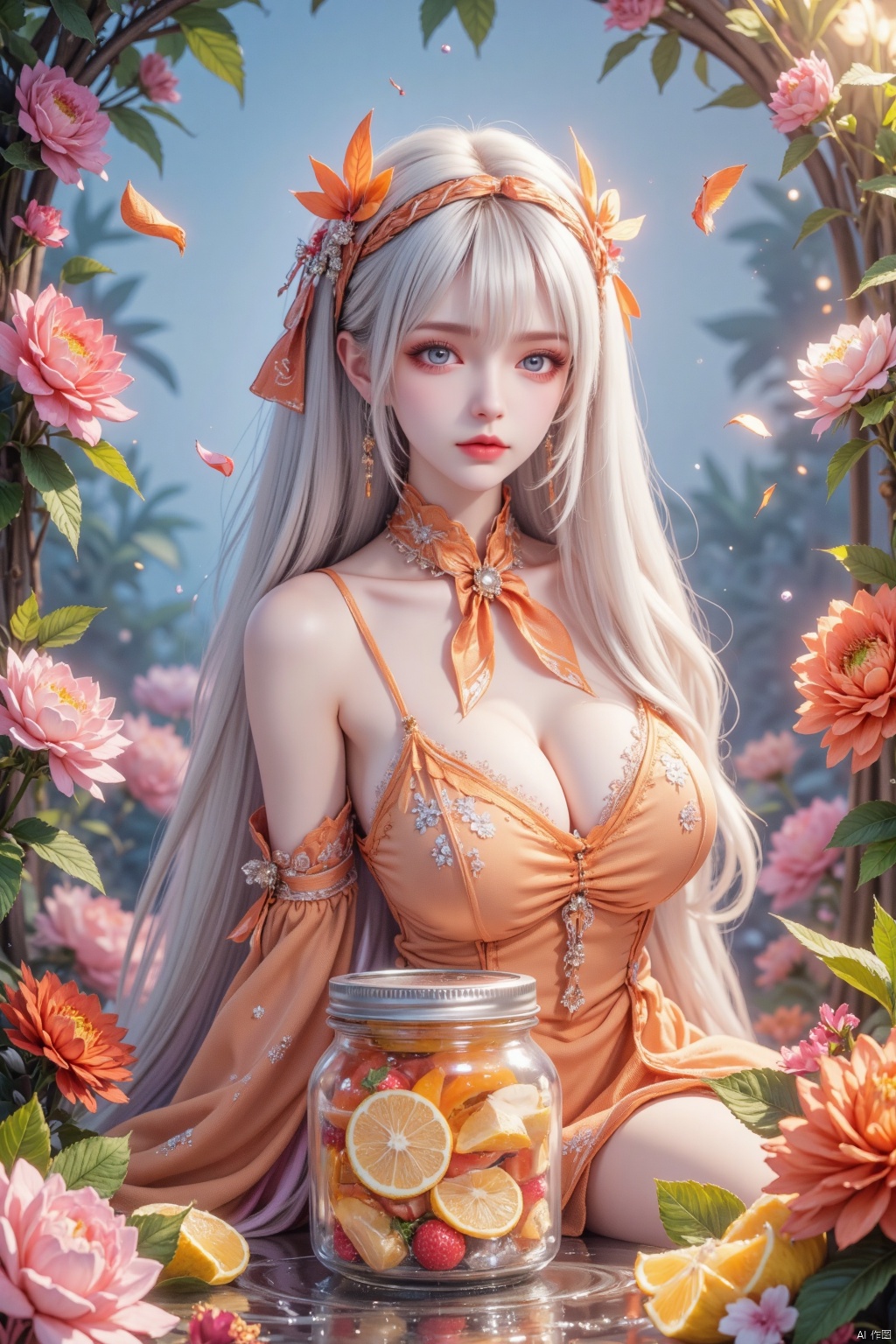 masterpiece,best quality,high quality,loli,overexposure,chromatic_aberration,light,fair_skin,
//,
(colorful), loli,(flowers background:1.45),(transparent background:1.3)(an extremely delicate and beautiful girl inside of glass jar:1.2), (glass jar:1.35),(solo:1.2), (full body), (beautiful detailed eyes, beautiful detailed face:1.3), (sitting ), (very long silky hair, float white hair:1.15), (medium_breasts, tally and skinny:1.2), (Colorful dress:1.3), (extremely detailed lace:0.3), (insanely detailed frills:0.3),(hairband , orange hair_ornament:1.25),orange cans,water surface,full body,(bottle filled with orange water,bottle filled with Fanta:1.25), (many fruits in jar, many Sliced_fruits in jar:1.25), (many bubbles:1.25),,
,
//,
(chen bin:0.5),konya666,(hiten \(hitenkei\):0.4),(rimuu:0.5),(mignon:0.5),(sheya:0.6),,
//,
official art,depth of field,detailed light,blurry background,best shadow,shiny skin,cinematic lighting,ray tracing,
amazing quality,very aesthetic,absurdres,beast quality,ultra detailed,newest,8K,HDR,