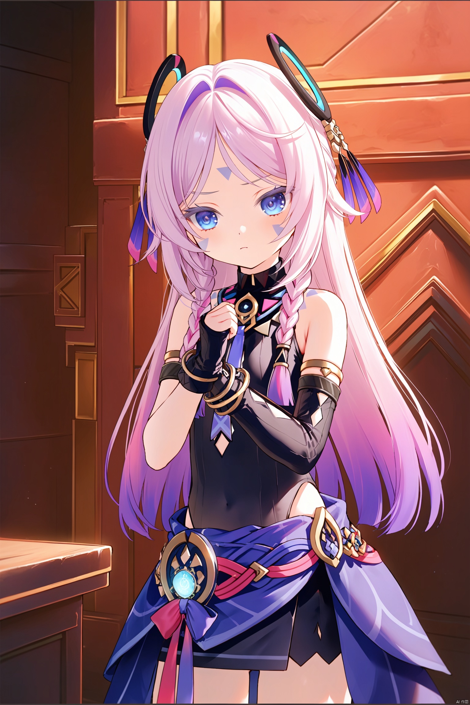 masterpiece,best quality,illustration,dark style,[Artist miwano rag],[Artist toosaka asagi],[Artist wlop],[Artist chen bin], 1girls, solo,loli,loli,loli, (little_girl:1.2),petite:1.1,  long hair, bangs, blue eyes, hair ornament, gloves, holding, bare shoulders, closed mouth,Forehead tattoo, pink hair, purple hair, braid, multicolored hair, black gloves, wooden room,standing,citlali\(genshin impact\),