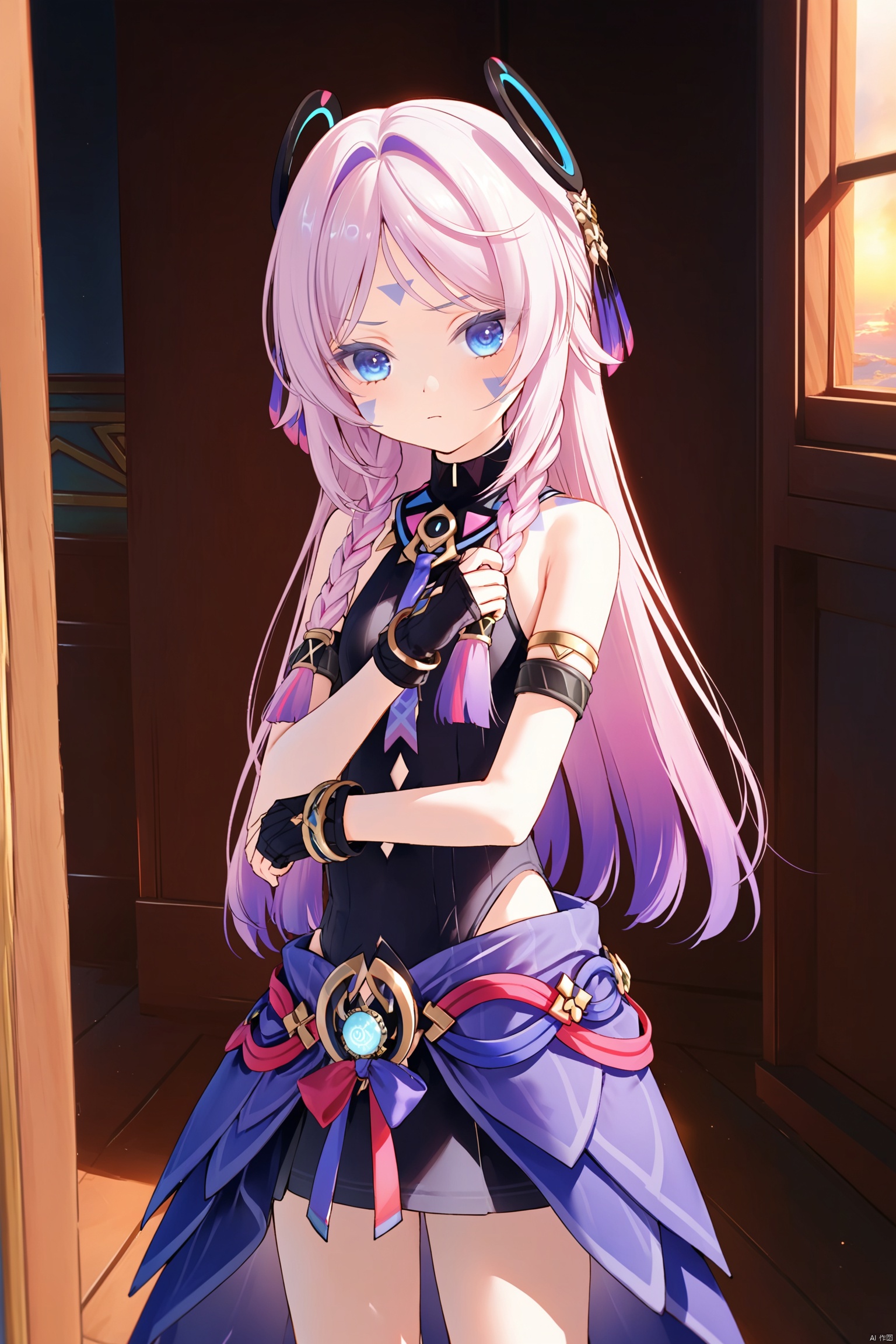 masterpiece,best quality,illustration,dark style,[Artist miwano rag],[Artist toosaka asagi],[Artist wlop],[Artist chen bin], 1girls, solo,loli,loli,loli, (little_girl:1.2),petite:1.1,  long hair, bangs, blue eyes, hair ornament, gloves, holding, bare shoulders, closed mouth,Forehead tattoo, pink hair, purple hair, braid, multicolored hair, black gloves, wooden room,standing,citlali\(genshin impact\),