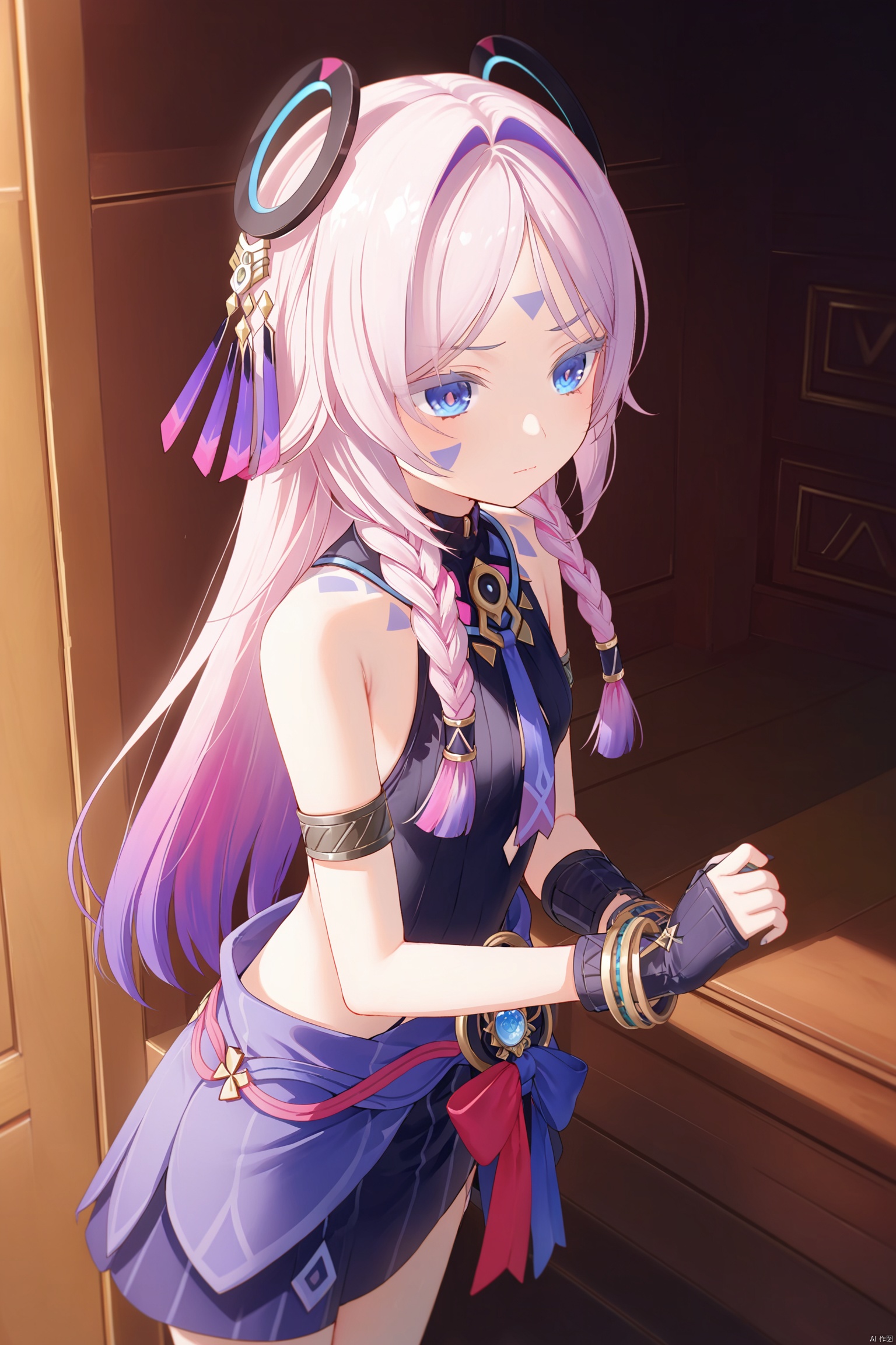 masterpiece,best quality,illustration,dark style,[Artist miwano rag],[Artist toosaka asagi],[Artist wlop],[Artist chen bin], 1girls, solo,loli,loli,loli, (little_girl:1.2),petite:1.1,  long hair, bangs, blue eyes, hair ornament, gloves, holding, bare shoulders, closed mouth,Forehead tattoo, pink hair, purple hair, braid, multicolored hair, black gloves, wooden room,standing,citlali\(genshin impact\),