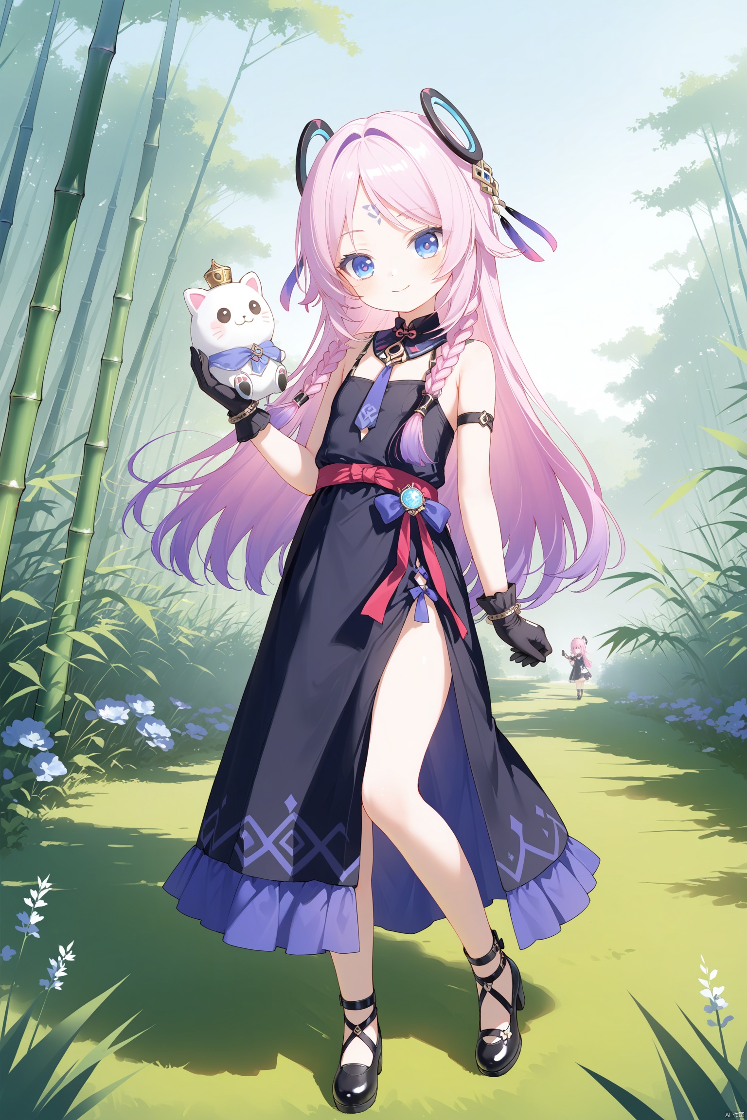 masterpiece,best quality,illustration,dark style,[Artist miwano rag],[Artist toosaka asagi],[Artist wlop],[Artist chen bin], 1girls, solo,loli,loli,loli, (little_girl:1.2),petite:1.1, full body, long hair, bangs, blue eyes, hair ornament, gloves, holding, bare shoulders, closed mouth,Forehead tattoo, pink hair, purple hair, braid, multicolored hair, black gloves,citlali\(genshin impact\), smile,:), long dress, outdoors, old stlye, chinese style, grass, bamboo forest,sugerjio