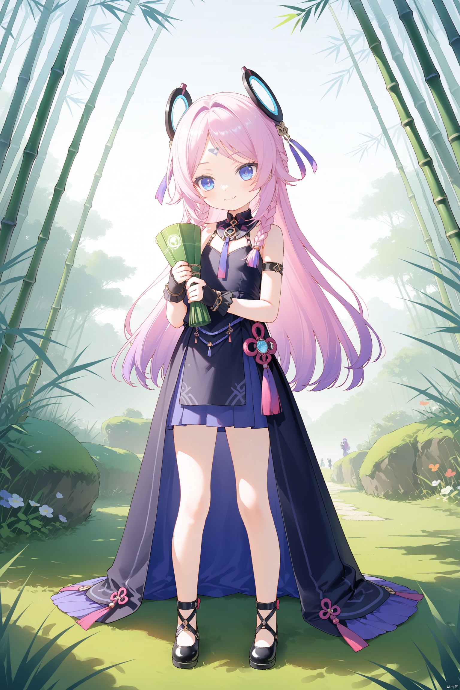 masterpiece,best quality,illustration,dark style,[Artist miwano rag],[Artist toosaka asagi],[Artist wlop],[Artist chen bin], 1girls, solo,loli,loli,loli, (little_girl:1.2),petite:1.1, full body, long hair, bangs, blue eyes, hair ornament, gloves, holding, bare shoulders, closed mouth,Forehead tattoo, pink hair, purple hair, braid, multicolored hair, black gloves,citlali\(genshin impact\), smile,:), long dress, outdoors, old stlye, chinese style, grass, bamboo forest,sugerjio