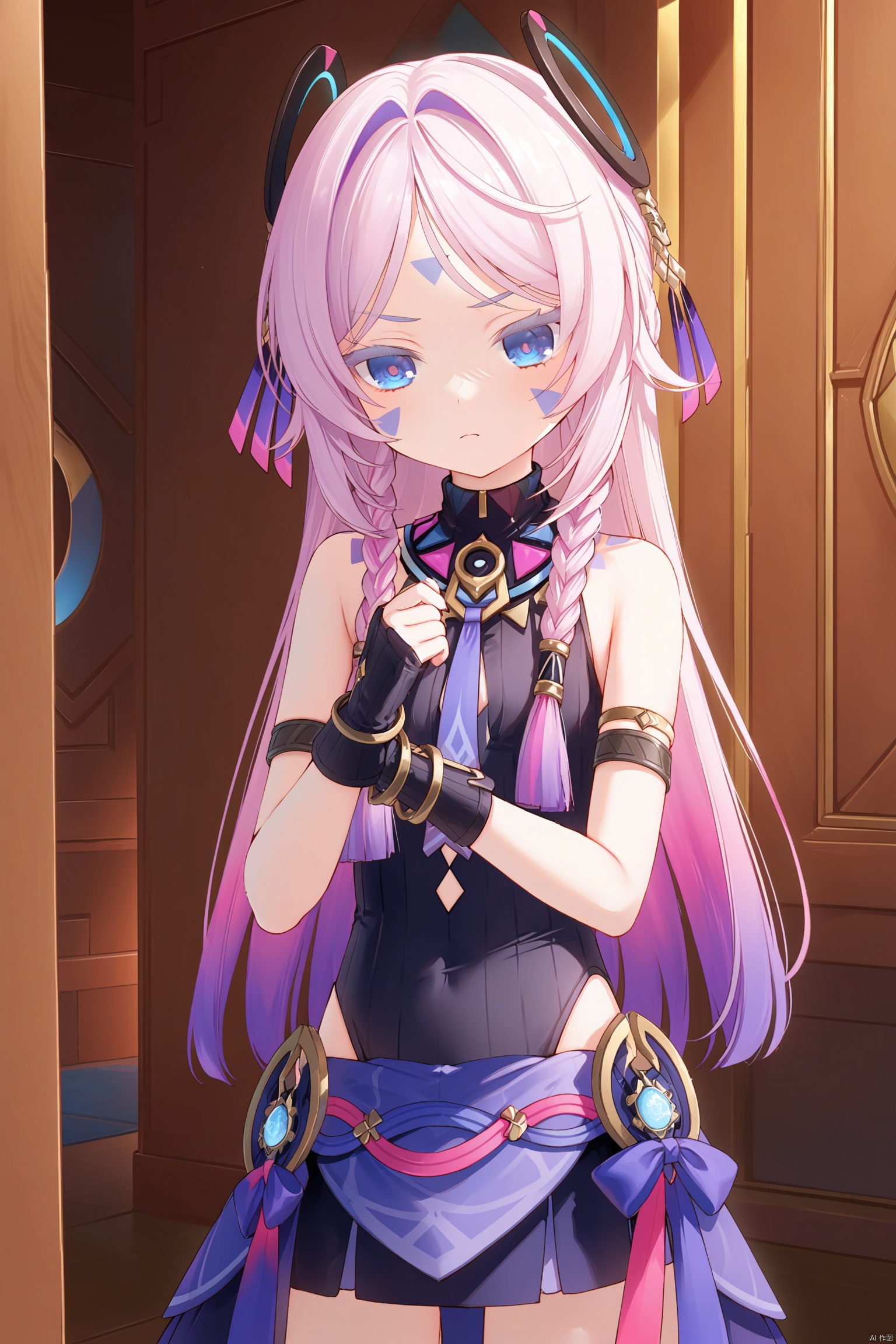 masterpiece,best quality,illustration,dark style,[Artist miwano rag],[Artist toosaka asagi],[Artist wlop],[Artist chen bin], 1girls, solo,loli,loli,loli, (little_girl:1.2),petite:1.1,  long hair, bangs, blue eyes, hair ornament, gloves, holding, bare shoulders, closed mouth,Forehead tattoo, pink hair, purple hair, braid, multicolored hair, black gloves, wooden room,standing,citlali\(genshin impact\),