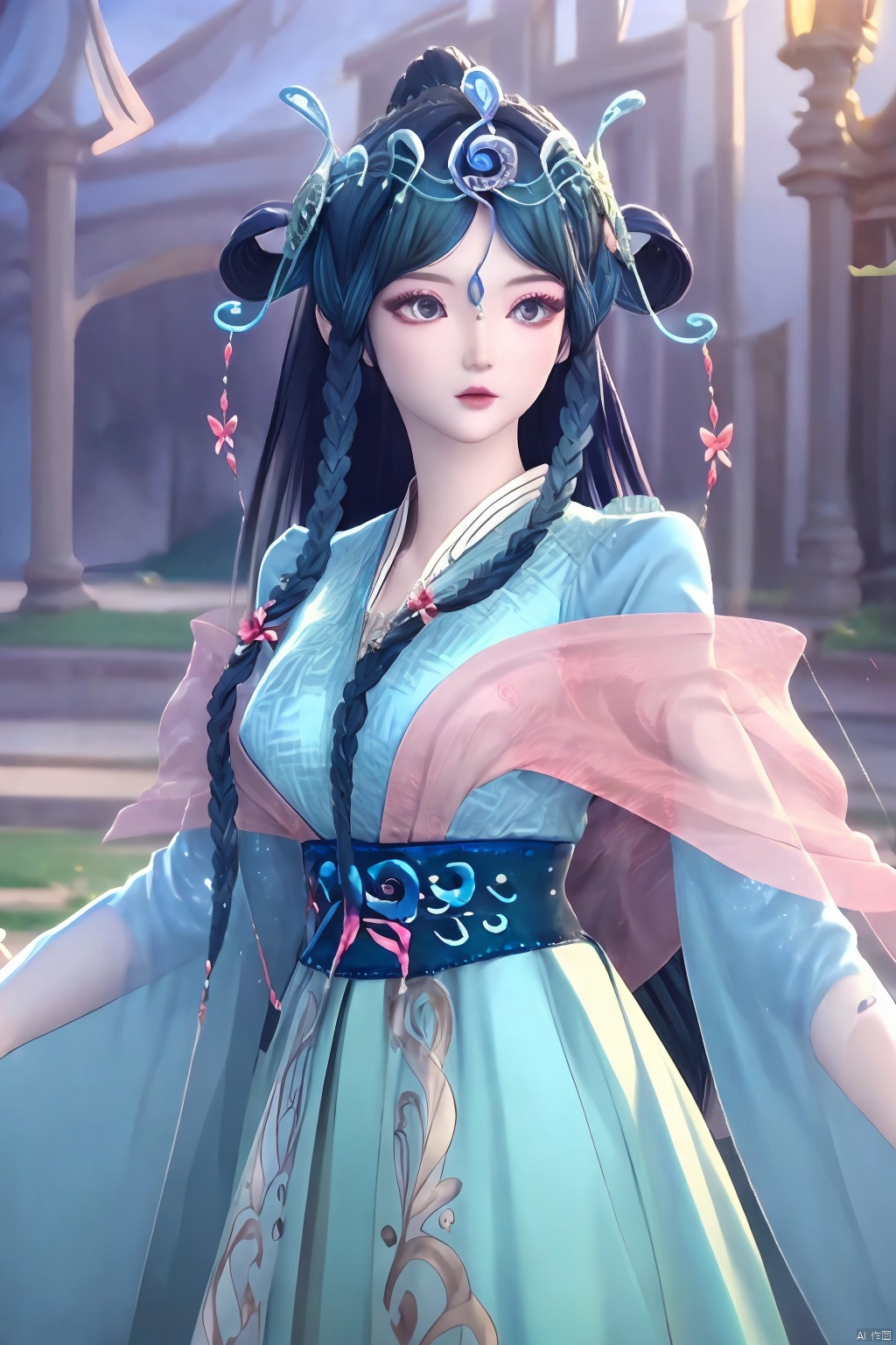 
upper body,flower field,

1girl, solo, long hair,  hair ornament, long sleeves, dress,  braid, twin braids, sash, blue dress, hair rings,Blue black hair,masterpiece,best quality,official art,extremely detailed CG unity 8k wallpaper,