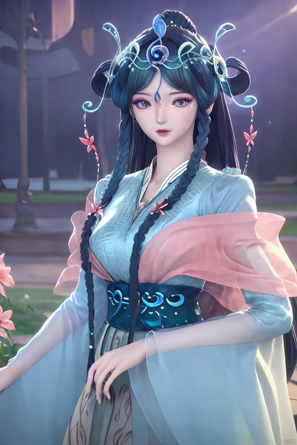 
upper body,flower field,

1girl, solo, long hair,  hair ornament, long sleeves, dress,  braid, twin braids, sash, blue dress, hair rings,Blue black hair,masterpiece,best quality,official art,extremely detailed CG unity 8k wallpaper,