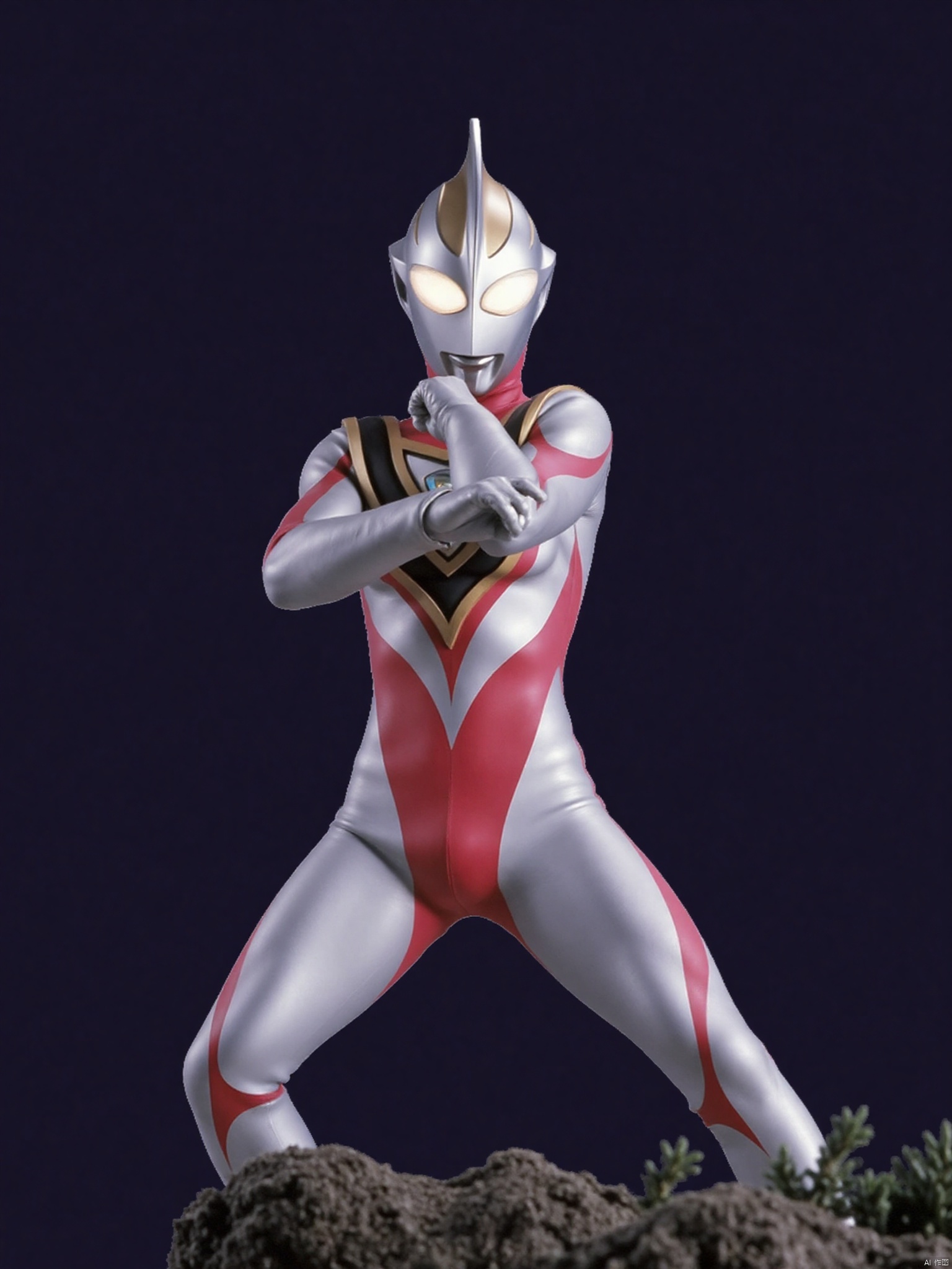 ultraman,silver bodysuit,silver gloves,legwear,gloves,boots,cover,mask,plugsuit,armor,bodysuit,red pattern on body,silver tight-fitting,silver footwear,helmet,leather suit,latex,tokusatsu,no humans,science fiction,silver head,hard mask,no smile,no eyes,no nose,solo,silver rubber bodysuit with red line