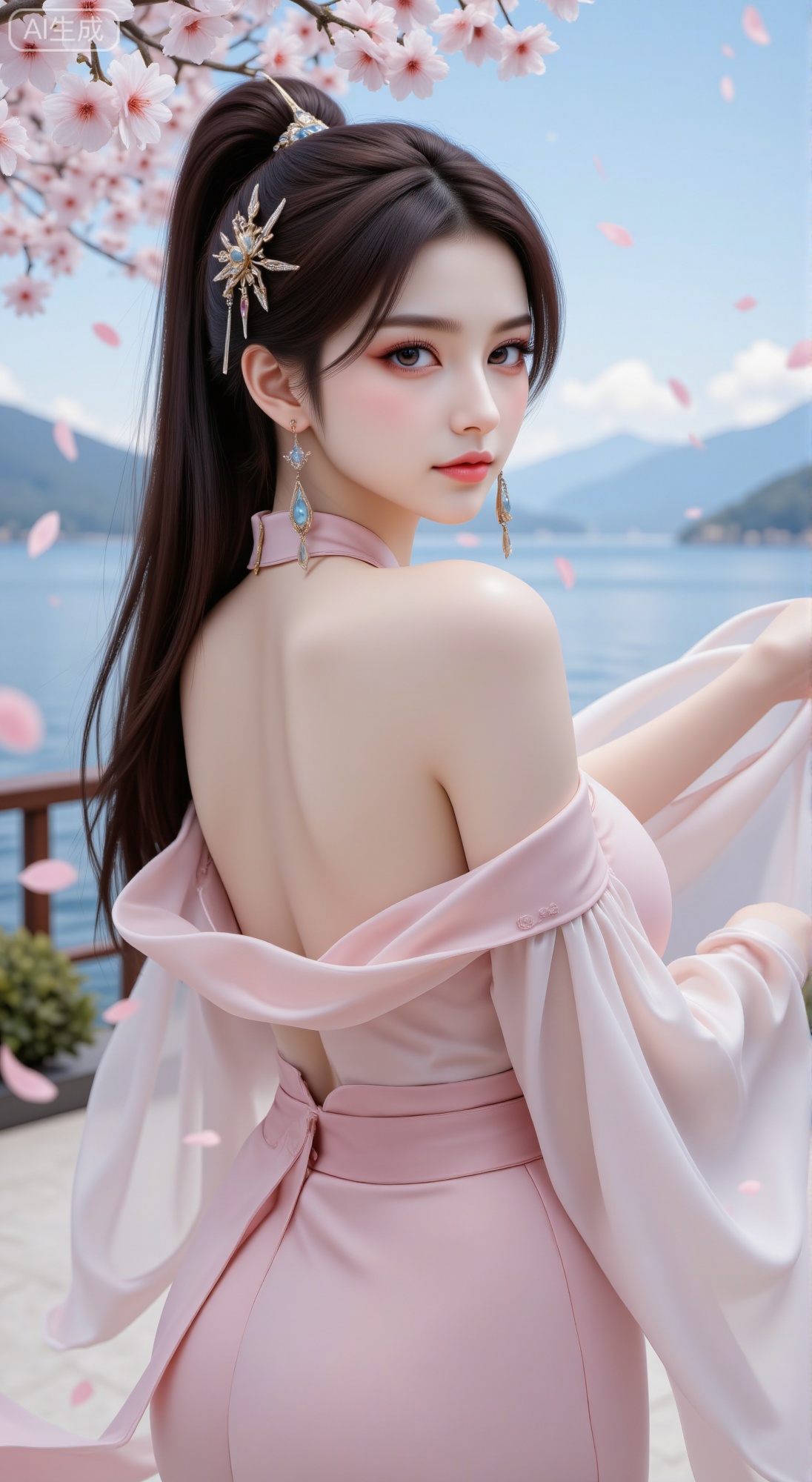 A beautiful woman in an elegant, light pink traditional - style dress with wide, flowing sleeves. The dress features an off - shoulder design and a low back, accented by a pink belt with a decorative gem at the waist. She has long, dark hair styled in a high bun, adorned with a simple hairpin and a delicate headpiece with dangling details. Long, dangling earrings complement her look. The background showcases a serene lake with distant mountains under a clear blue sky, with pink cherry blossom petals floating in the air, creating a peaceful and romantic atmosphere. The lighting is soft and natural, enhancing the graceful and tranquil mood of the scene.