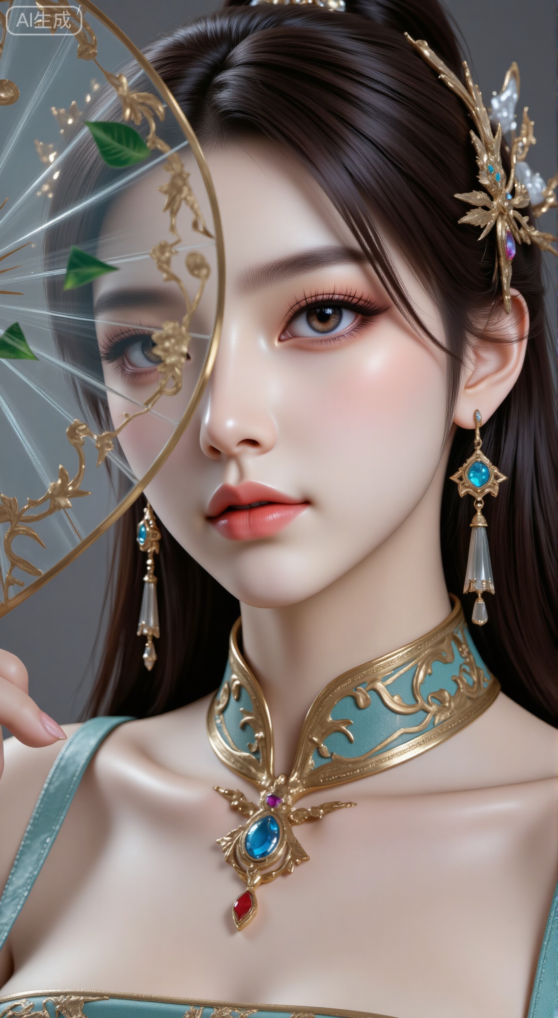 This is an exquisite ancient style CG illustration. The female characters in the picture have exquisite makeup, with eye-catching blue eyes and golden patterns at the corners of their eyes, adding a bit of gorgeousness; the bright lips color adds a lot of color to the overall makeup. Her hairstyle is elegant, with gorgeous green headdresses on her head, dotted with colorful gems, and the hanging gold jewelry adds agility. Wearing beautifully shaped golden earrings on our ears, the tassels swaying. The golden clothing on the neck is decorated in complex and inlaid with gems, which echoes the overall shape. She also held a translucent fan with green patterns to cover part of her face, giving people a subtle beauty and a mysterious atmosphere.