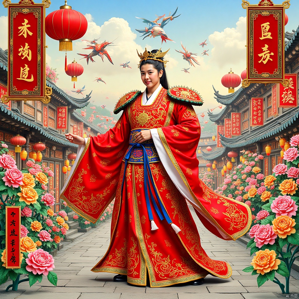 ,long dress,长裙,Battlefield of Mechs,New Year paintings,年画,Elements of the Spring Festival,新春元素