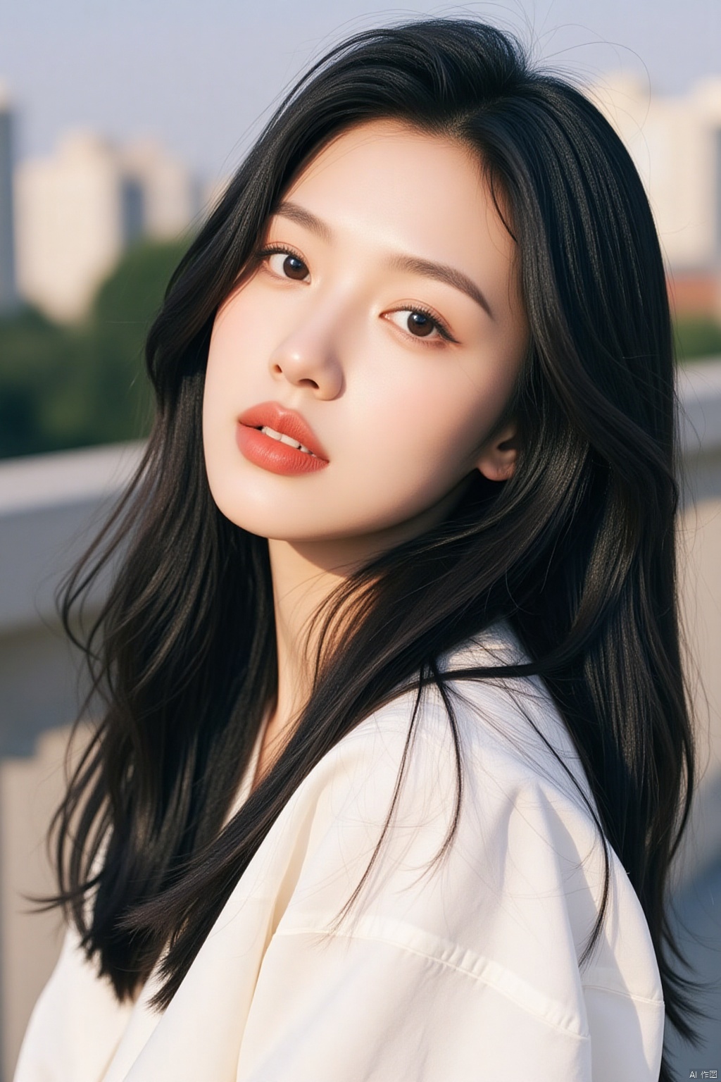 A close-up shot of a woman with long dark brown hair, a white shirt, and a red lipstick. The background is blurred, with buildings in the distance. The woman's eyes are wide open, and her lips are pursed. She has a slight smile on her face.