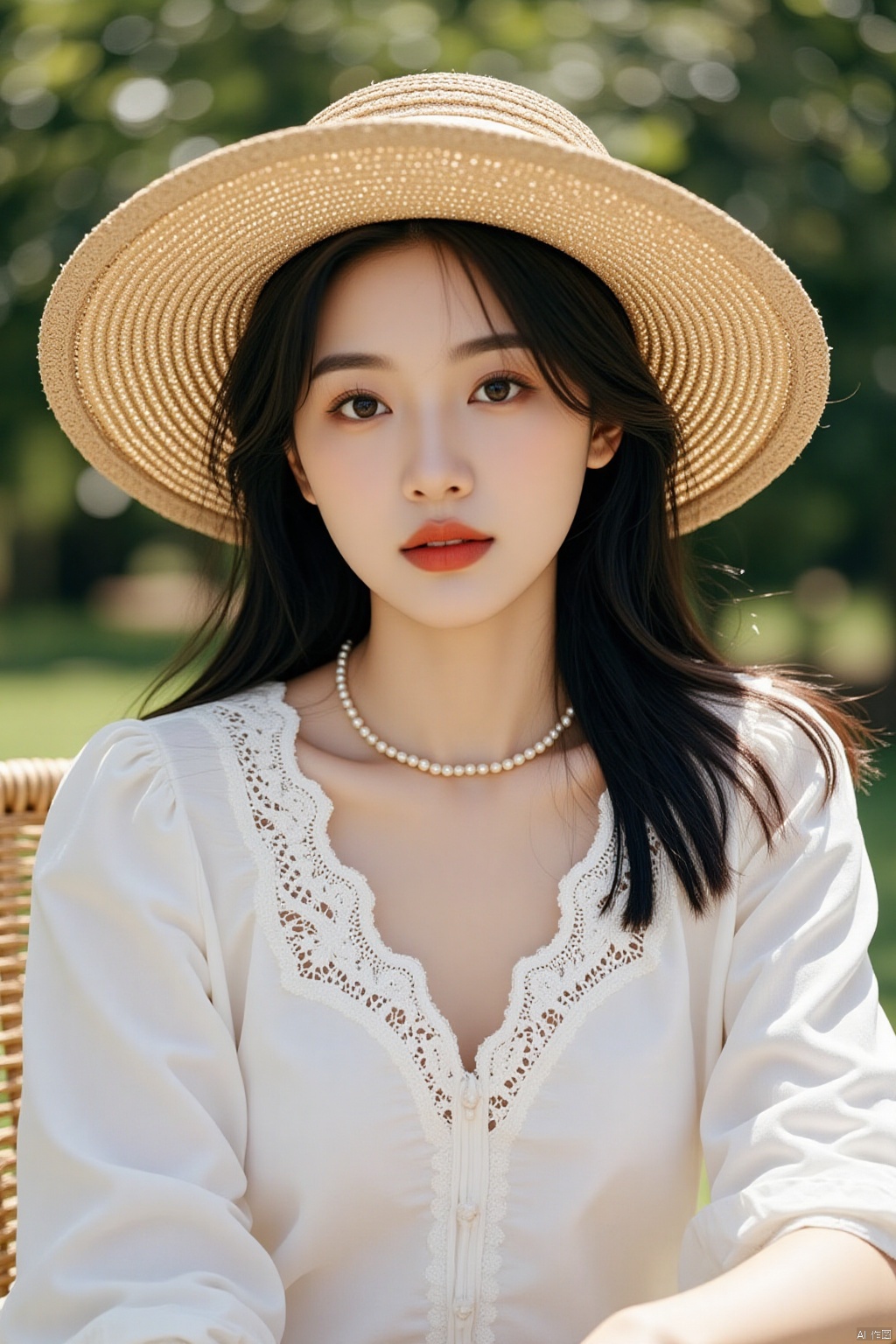 a young Asian woman with long dark hair, wearing a straw hat, is seated on a brown chair. She is dressed in a white blouse with a white lace trim, adorned with a pearl necklace. Her lips are painted a vibrant red, adding a pop of color to the scene. The background is blurred, suggesting a natural setting.